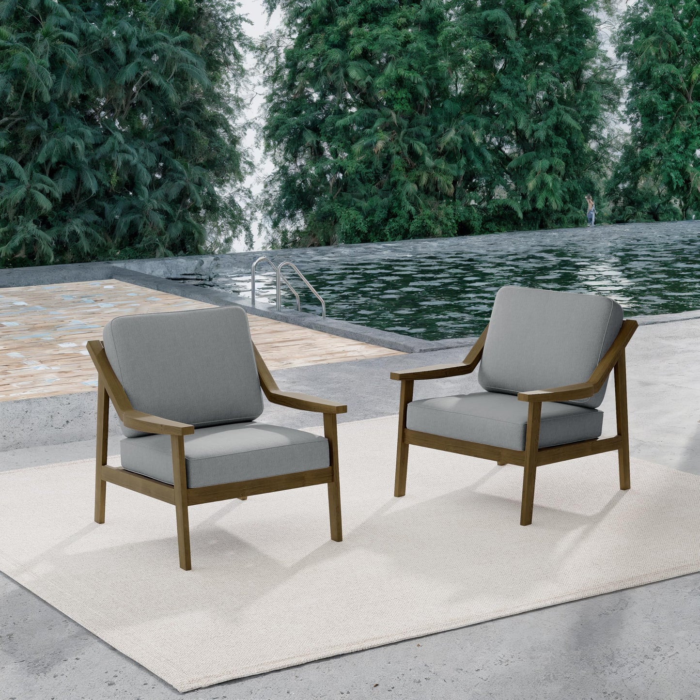 Outdoor Patio Furniture Set, 2 Piece Outdoor Patio Sofa Armchairs with Washable Thick Cushions, All-Weather Solid Wood Patio Bistro Set for Porch, Balcony, Natural Frame & Beige Cushion