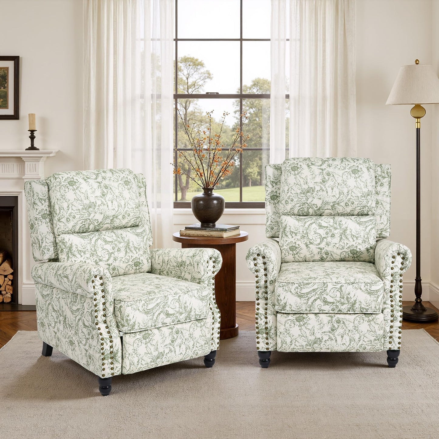 Pushback Recliner Chairs Set of 2, Comfy Fabric Wingback Recliner Chair, Upholstered Armchair Push Back Recliner with Wood Legs, Rivet Trim Accent Chair for Living Room, Bedroom, Blue Stripe