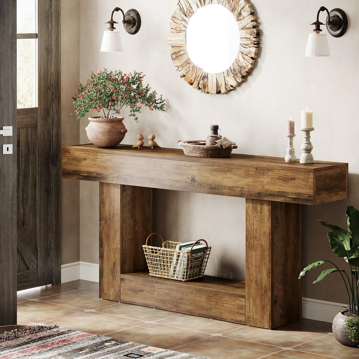 Tribesigns 63" Console Table, Farmhouse 2-Tier Entryway Table with U-Shaped Base, Narrow Long Wood Sofa Table Behind Couch Table for Living Room, Hallway, Foyer, Vintage Brown & Gray | Farmhouse