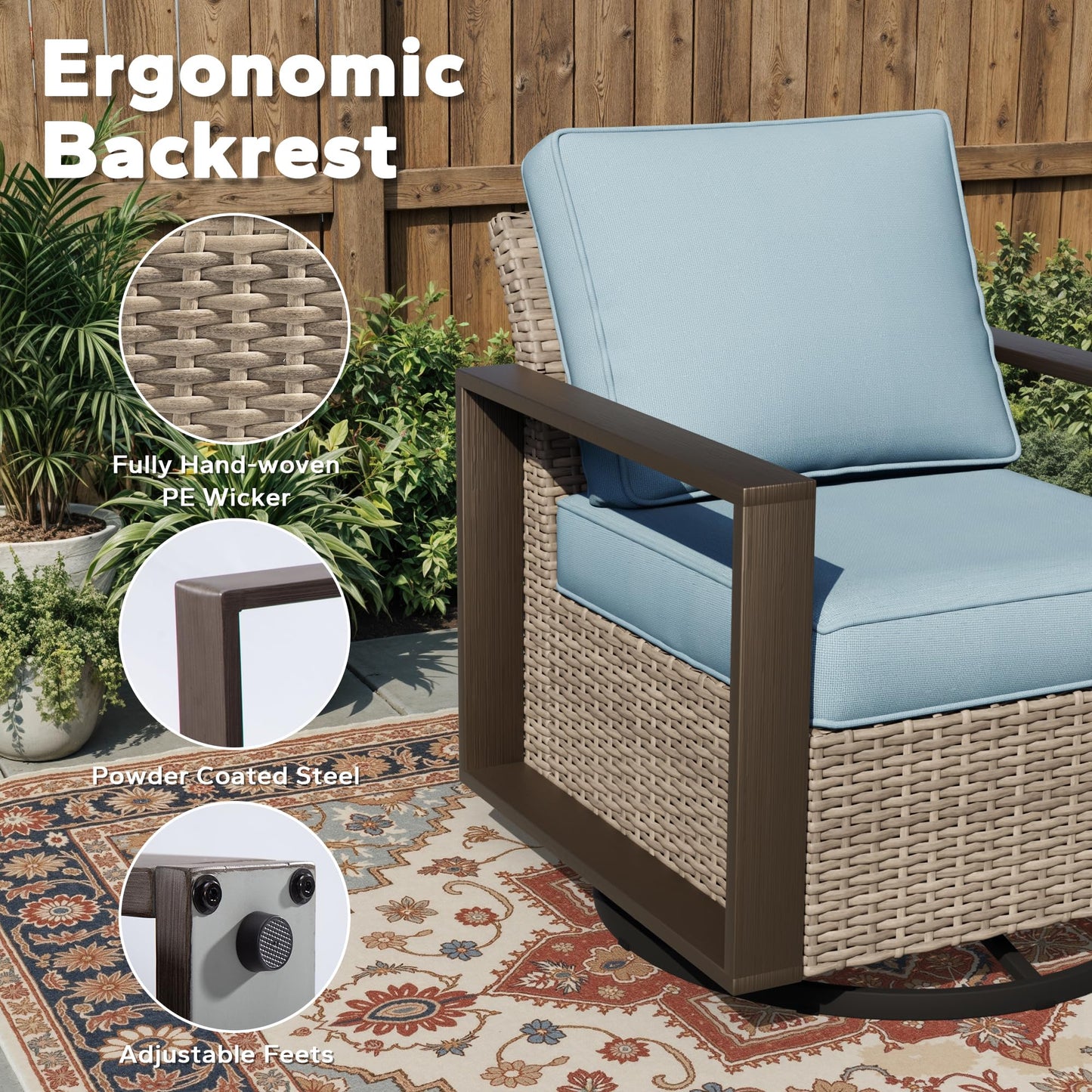 Joyside Outdoor Patio Swivel Rocker Chairs, 3 Pieces Wicker Furniture Set, 2 Swivel Rocking Chairs and 1 Table, Metal Wide Armrest, Thick Cushions and Deep Seating for Garden, Backyard, Porch, Deck