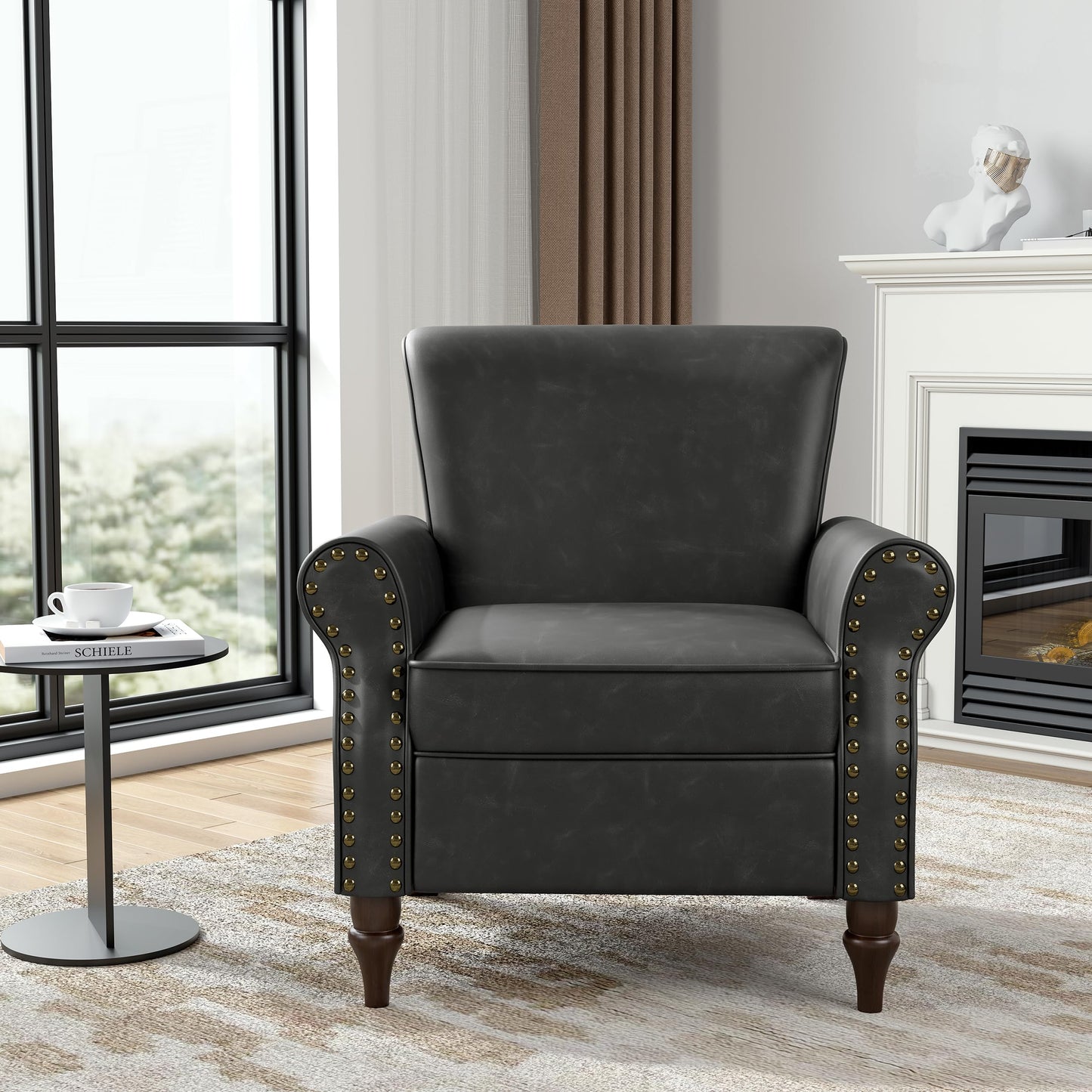 Wingback Accent Chairs Set of 2, Mid-Century Modern Upholstered Armchair Living Room Chair with Nailhead Trim & Rolled Armrest, Comfy Lounge Chair Single Sofa Chair for Bedroom, Light Blue