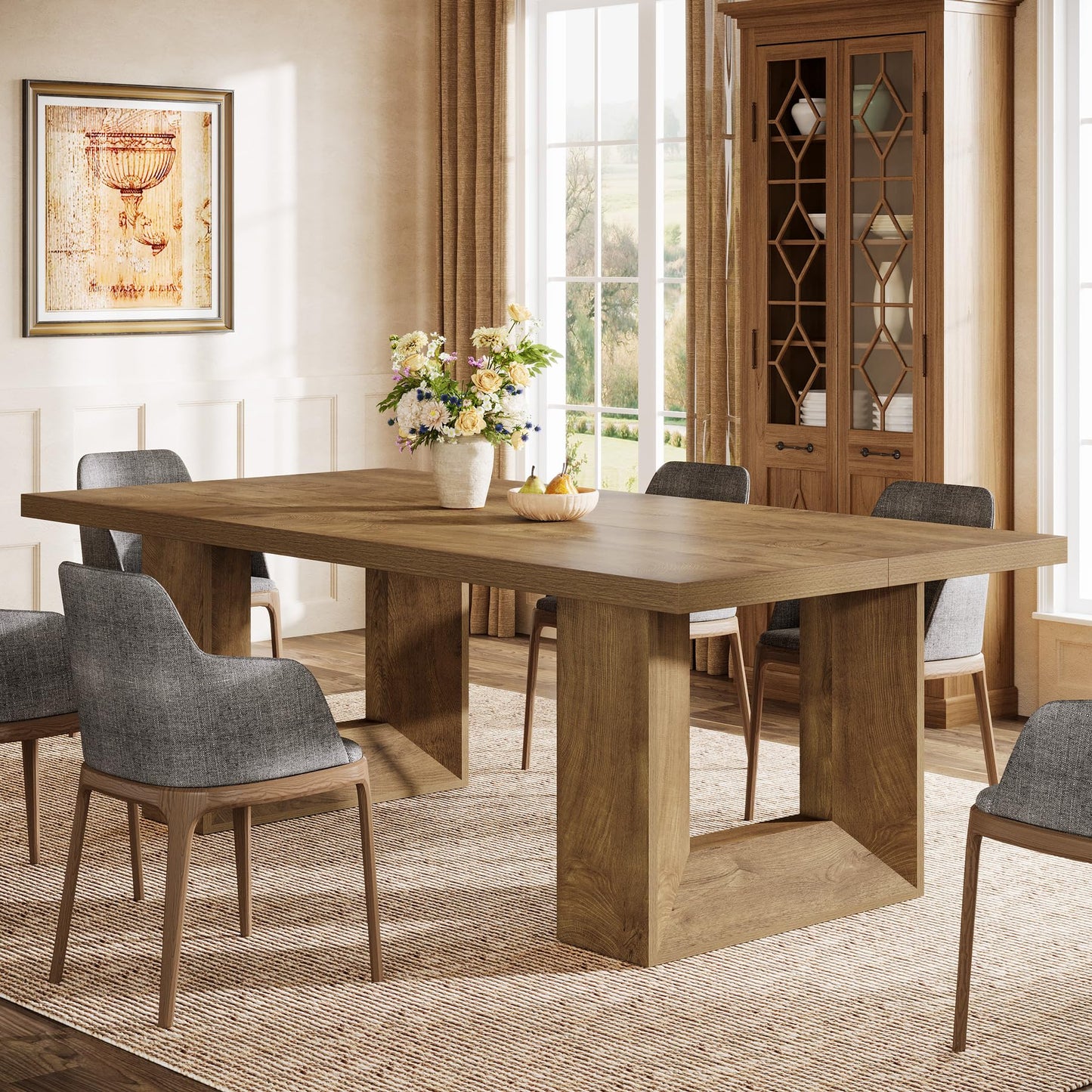 Tribesigns Farmhouse Dining Table, 63-Inch Rectangular Kitchen Table with Strong Geometric Frame for Kitchen & Dining & Living Room, Brown