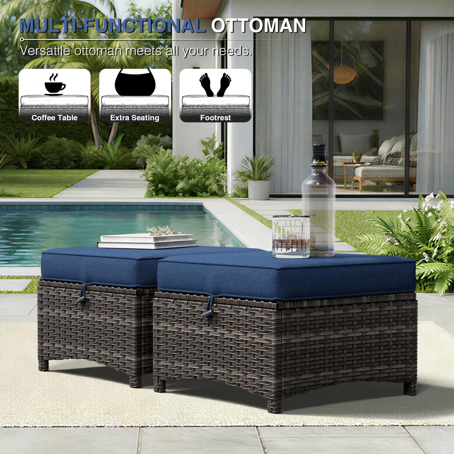 Joyside Outdoor Ottoman Set of 2, Patio Large Ottoman Foot Rest with Thickened Cushions, Outdoor Wicker Foot Stool for Porch, Deck Use