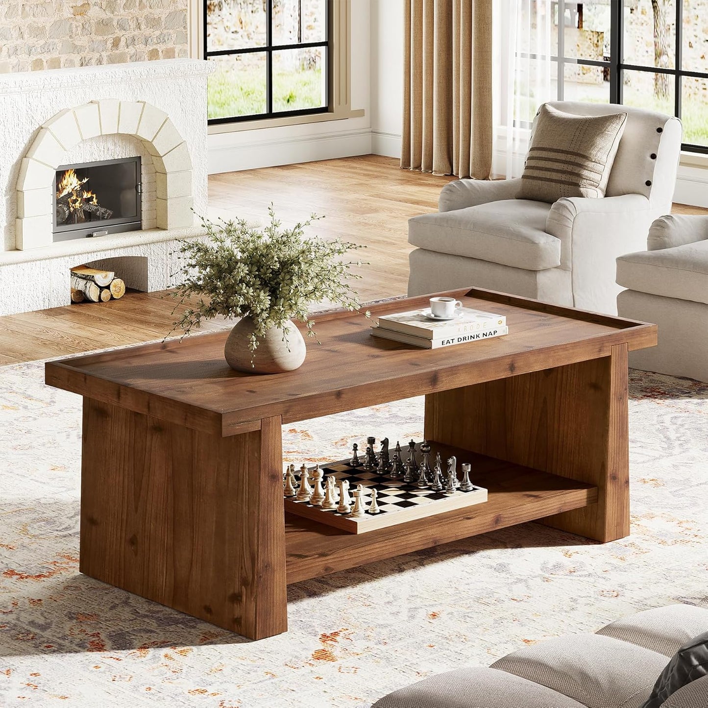 47" Solid Wood Coffee Table with Storage, Farmhouse Rectangular Coffee Table with 2-Tier Shelf & Raised Edge, Living Room Center Table, Rustic Brown