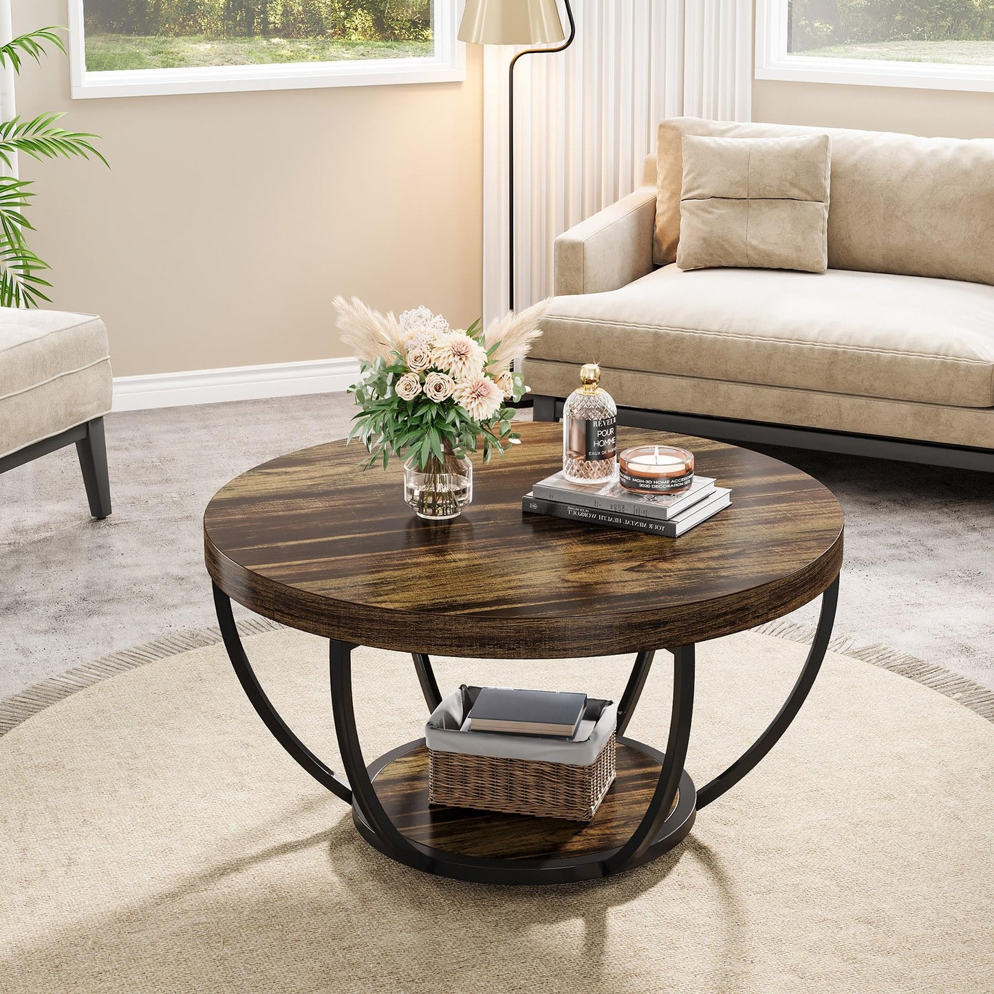 Tribesigns Round Coffee Table, 31.7" Wooden 2-Tier Circle Coffee Table with Storage Shelves, Modern Accent Cocktail Table Center Table for Living Room, Grey