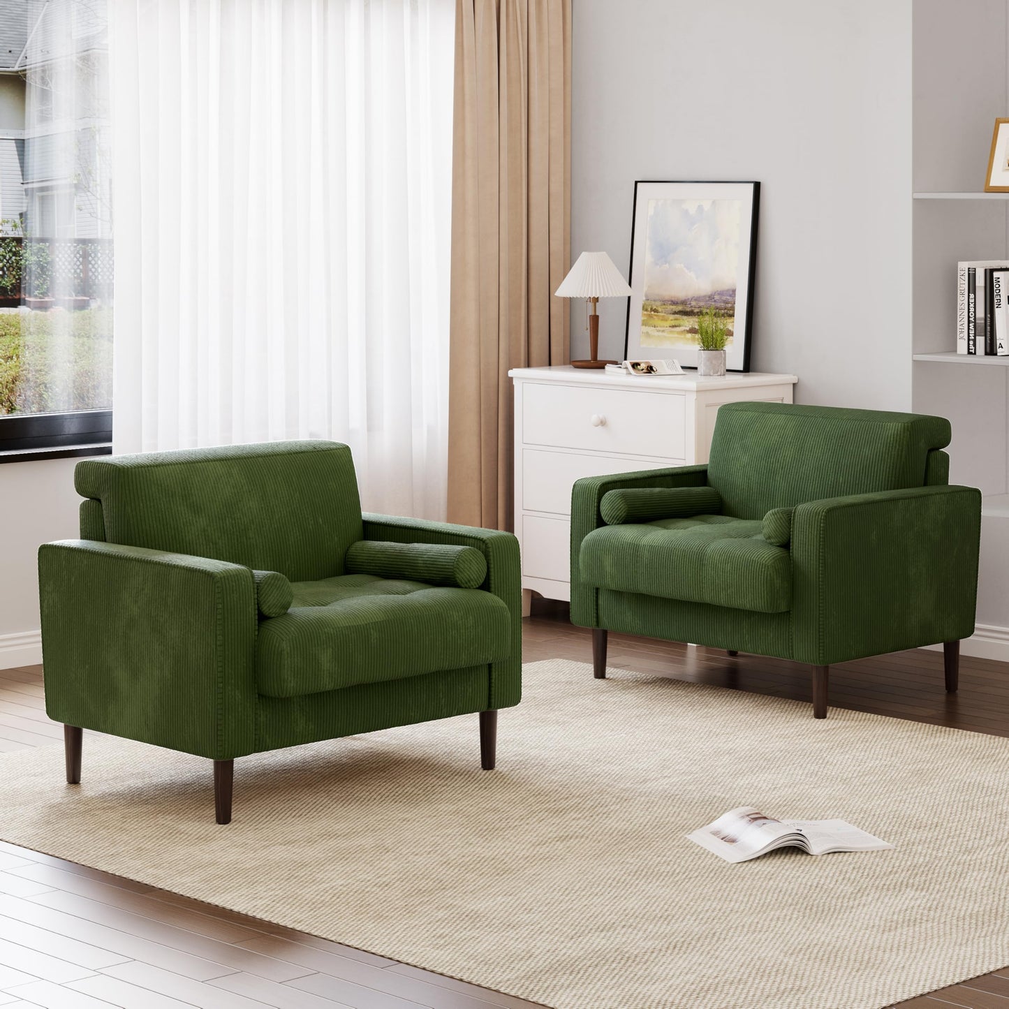 34.5" Arm Chair, Corduroy Fabric Modern Accent Chair, Comfy Upholstered Armchair Reading Chair with Solid Wood Legs for Living Room Bedroom Office, Yellow