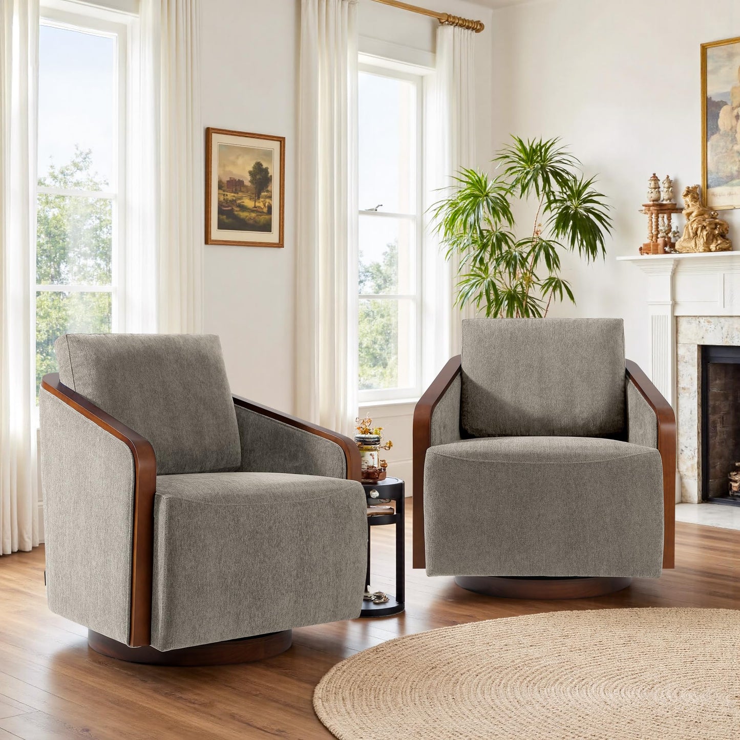 360° Swivel Barrel Chairs Set of 2, Upholstered Swivel Round Barrel Chair, Comfy Chenille Fabric Single Club Armchair Accent Chair for Living Room, Reading Room, Bedroom, Beige Brown