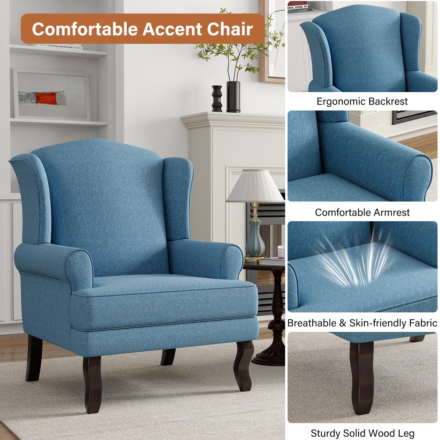 High Back Accent Chair, Comfy Upholstered Fabric Armchair for Living Room, Mid Century Modern Club Accent Chair with Curved Armrests and Solid Legs, Single Sofa Reading Chair for Bedroom, Cranberry