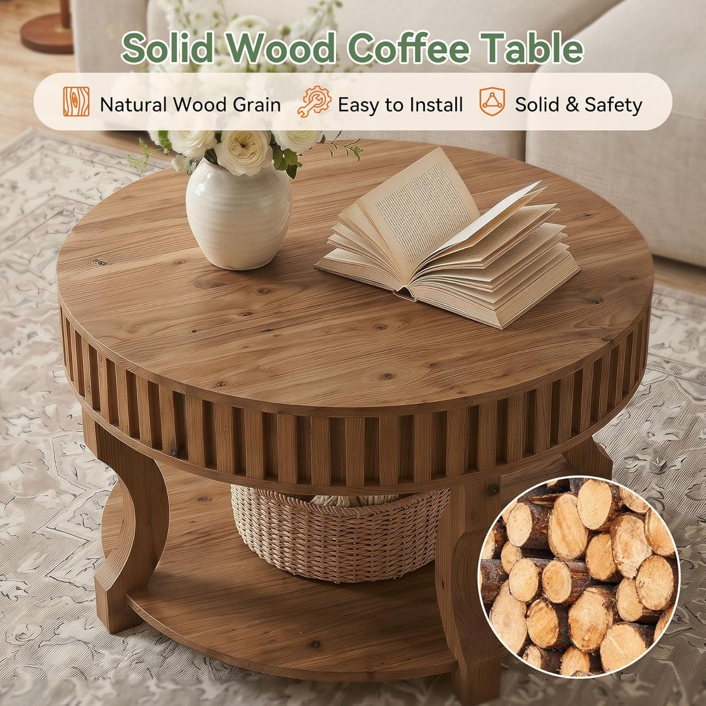 31.5 Inch Round Coffee Table, Farmhouse 2-Tier Center Table with Storage, Fluted Solid Wood Cocktail Table for Living Room (Brown)