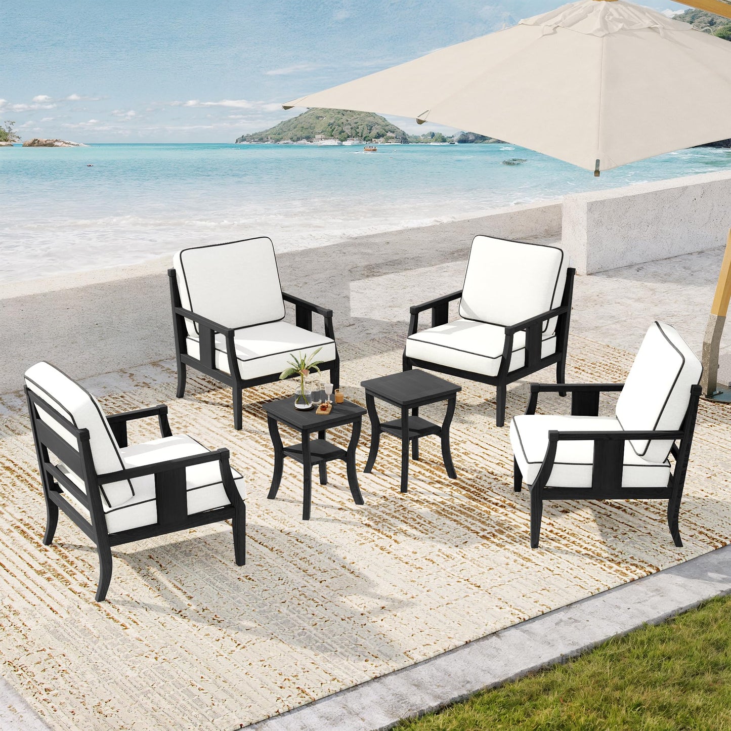 Outdoor Patio Armchairs Set of 2, All-Weather Solid Wood Patio Furniture Sets, Outdoor Sofa Chairs with Washable Thick Cushions for Porch, Balcony, Deck, Black Frame & Gray Cushion