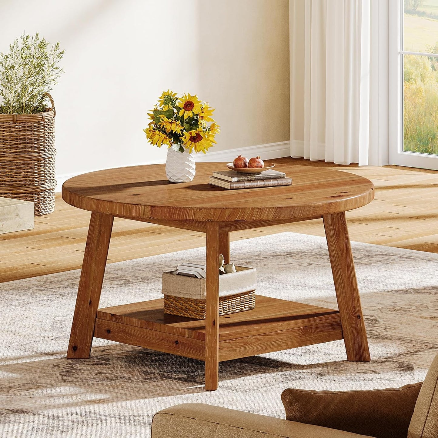 Solid Wood Round Coffee Table for Living Room, 31.5” Farmhouse Wooden 2-Tier Circle Center Cocktail Accent Table with Storage Shelf and Tapered Legs for Apartment, Small Space, Brown