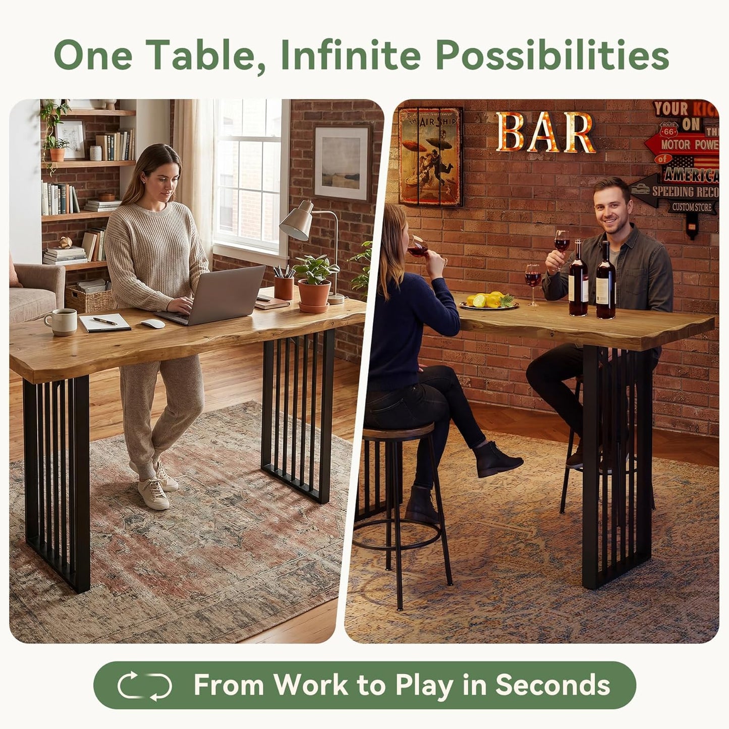 63-Inch Long Bar Table, Solid Wood Pub Table with Metal Legs, Industrial Rectangular High Top Bar Unit for Home Bar, Kitchen, Dining Room, Bistro