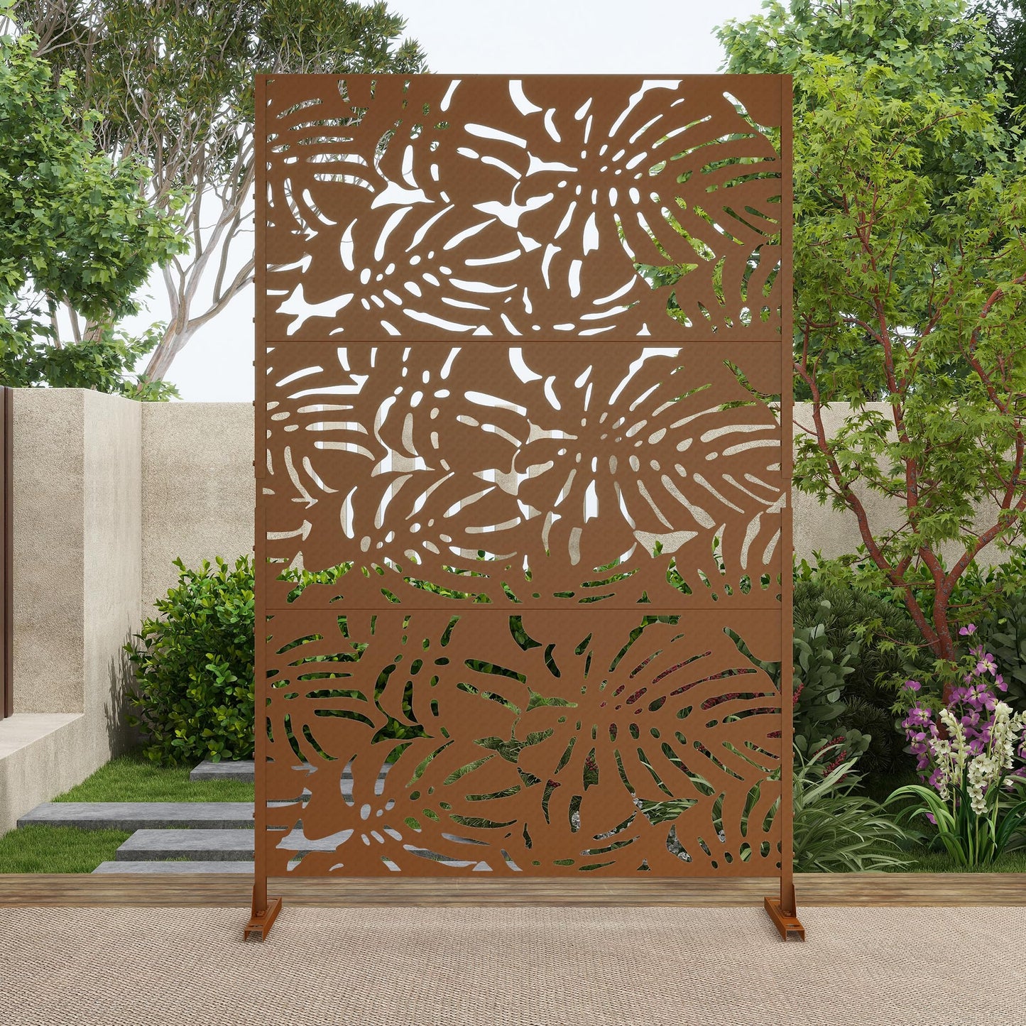 Outdoor Metal Privacy Screen with Stand, 72" H x 47" W Freestanding Outdoor Patio Divider, Decorative Patio Privacy Fence Panel for Garden Backyard Balcony Porch (Brown-Crossbanding)