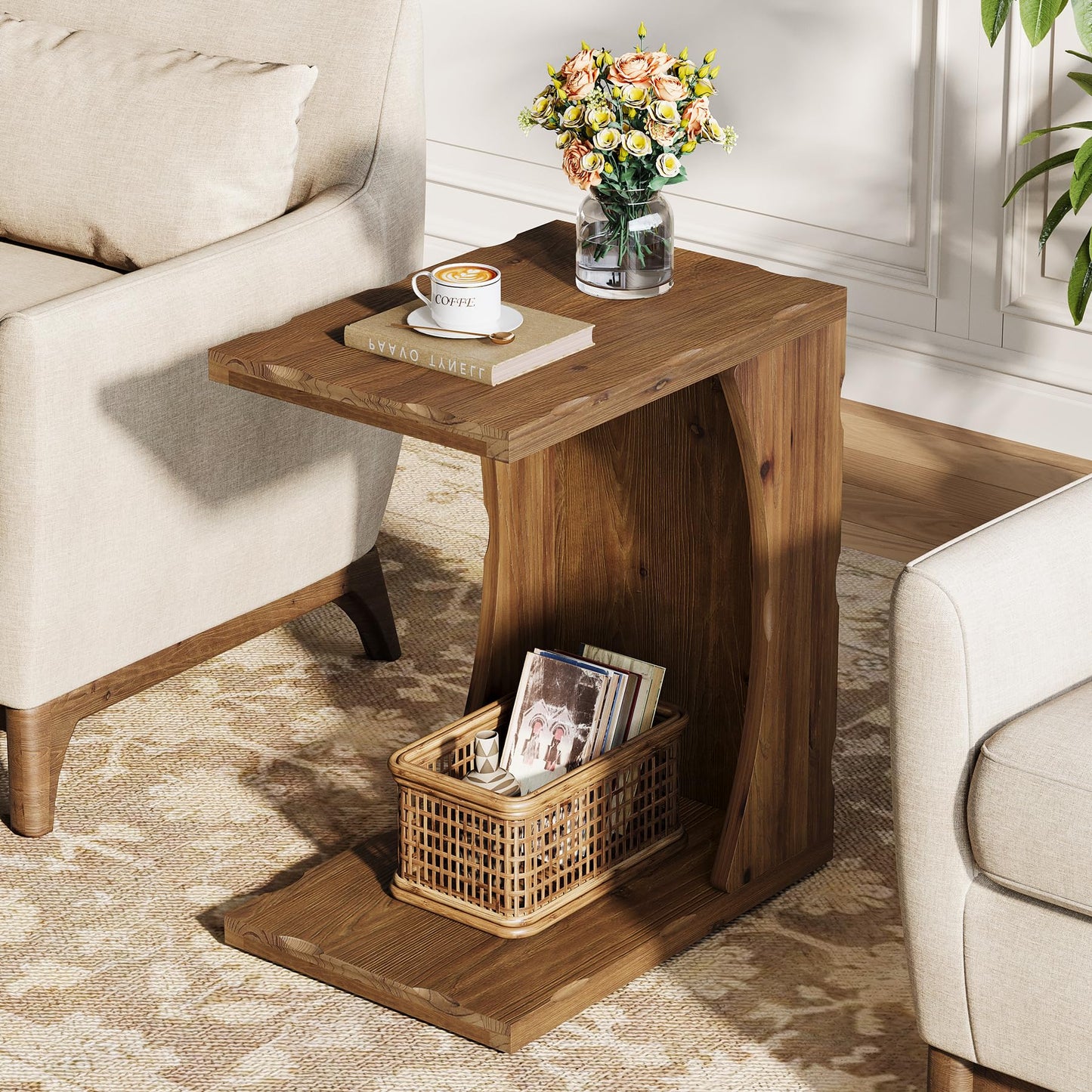 C-Shaped End Table for Living Room, Solid Wood Narrow Skinny Side Table for Couch, Farmhouse Bedside Nightstand with Storage Shelf for Bedroom, Small Place, Easy Assembly, Rustic Brown,1PCS