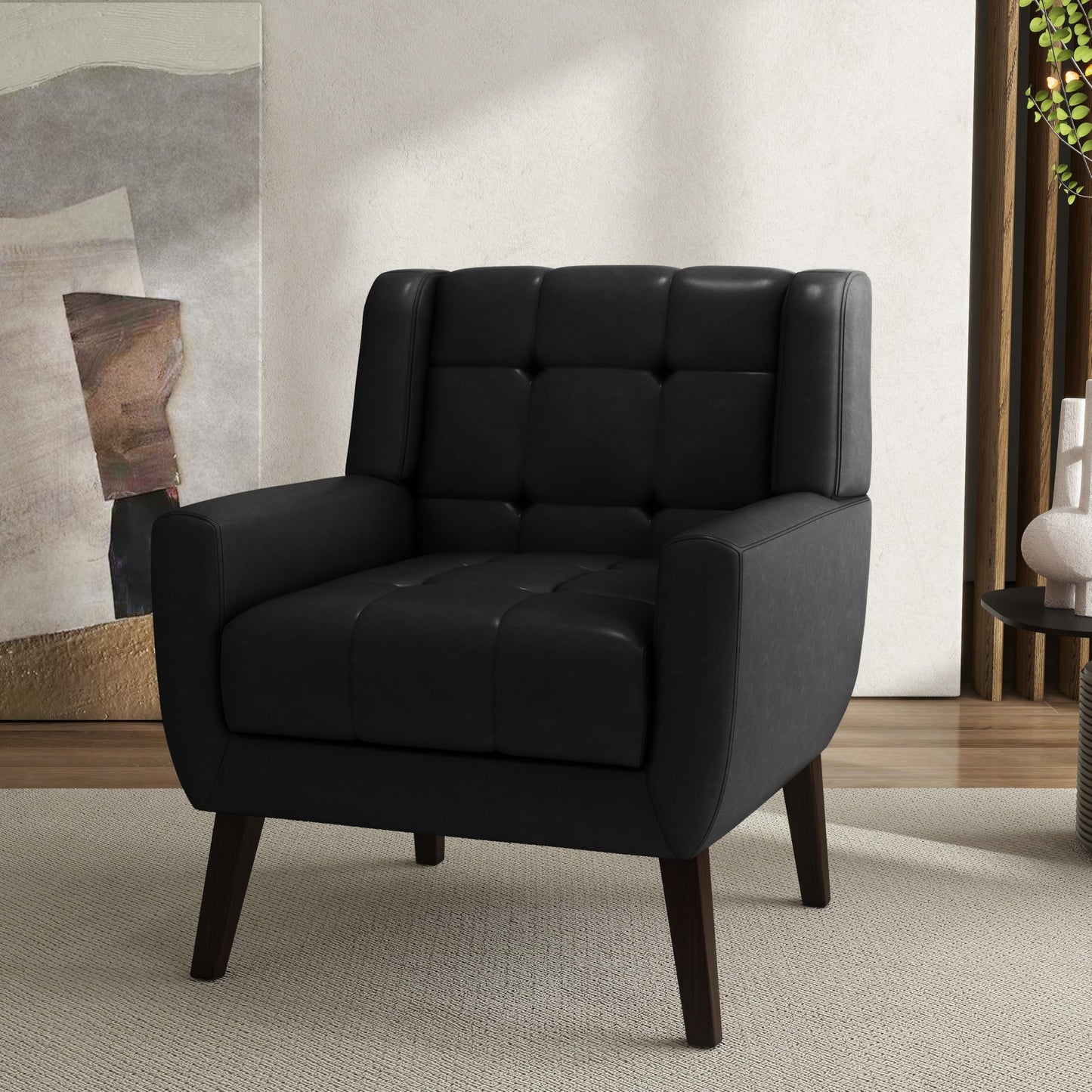 Faux Leather Accent Chairs Set of 2, Mid-Century Modern Upholstered Armchair, Comfy Living Room Chairs Reading Chairs with Button Tufted Back & Solid Wood Legs for Bedroom, Office, Black