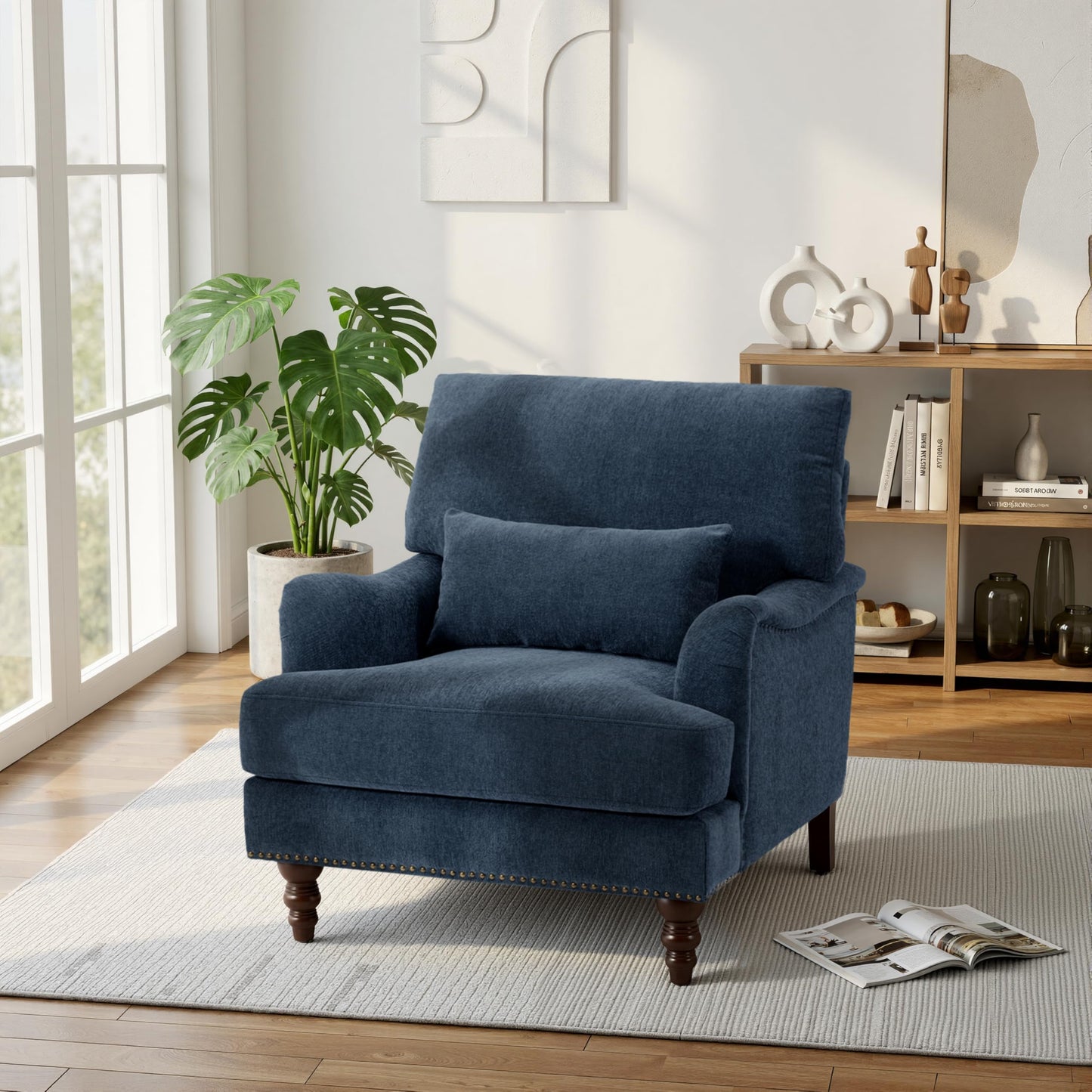 Accent Chair for Living Room, Upholstered Armchair with Nailhead Trim & Solid Wood Legs, Mid Century Modern Club Chair for Bedroom/Reading Room, Rococo Green