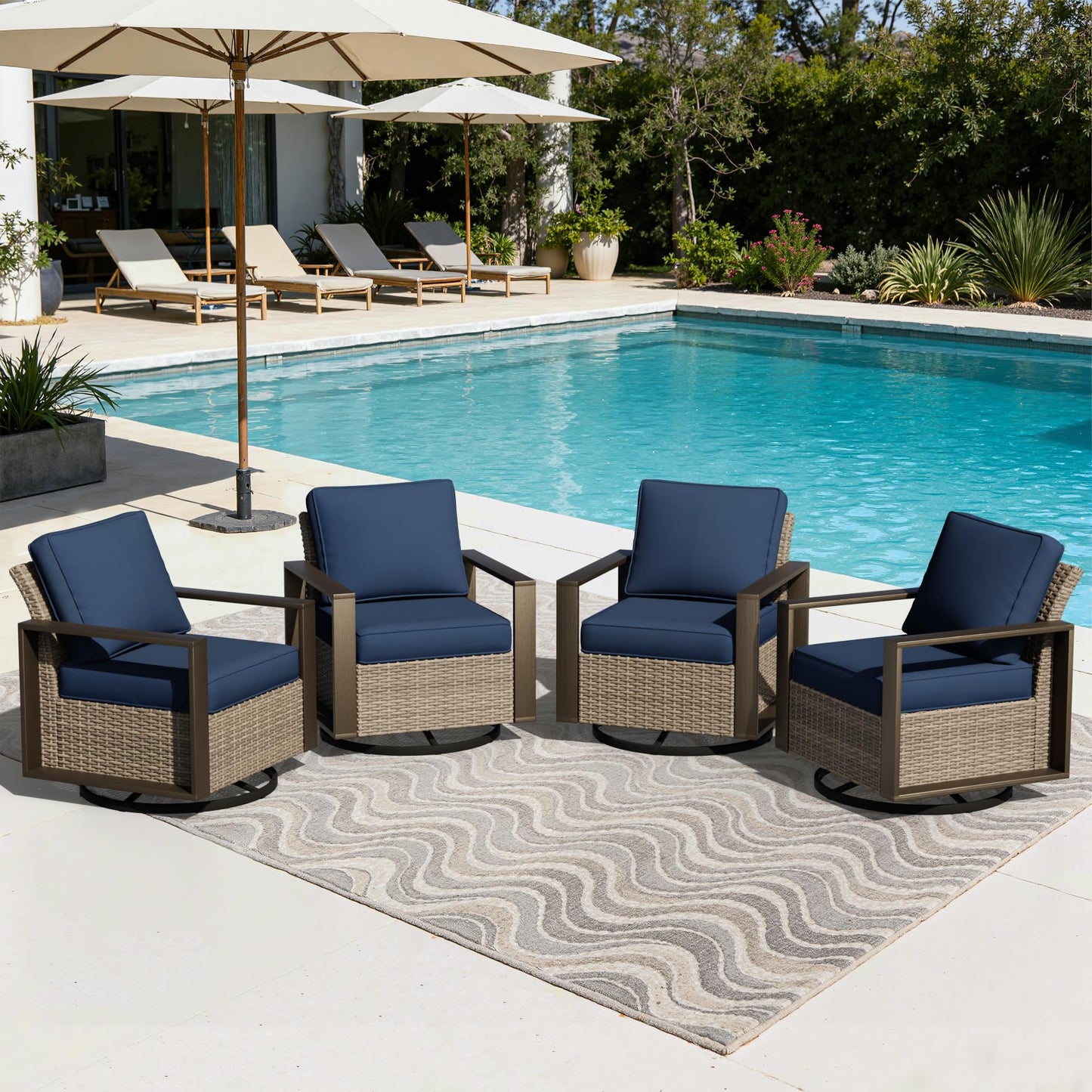Joyside Outdoor Patio Swivel Rocker Chairs, 3 Pieces Wicker Furniture Set, 2 Swivel Rocking Chairs and 1 Table, Metal Wide Armrest, Thick Cushions and Deep Seating for Garden, Backyard, Porch, Deck