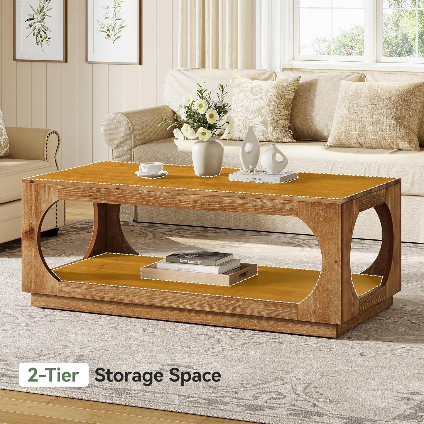 Solid Wood Coffee Table, 47.2" Farmhouse Wooden Center Tables with Storage for Living Room, 2-Tier Rectangular Cocktail Tea Table for Apartment, Home Office