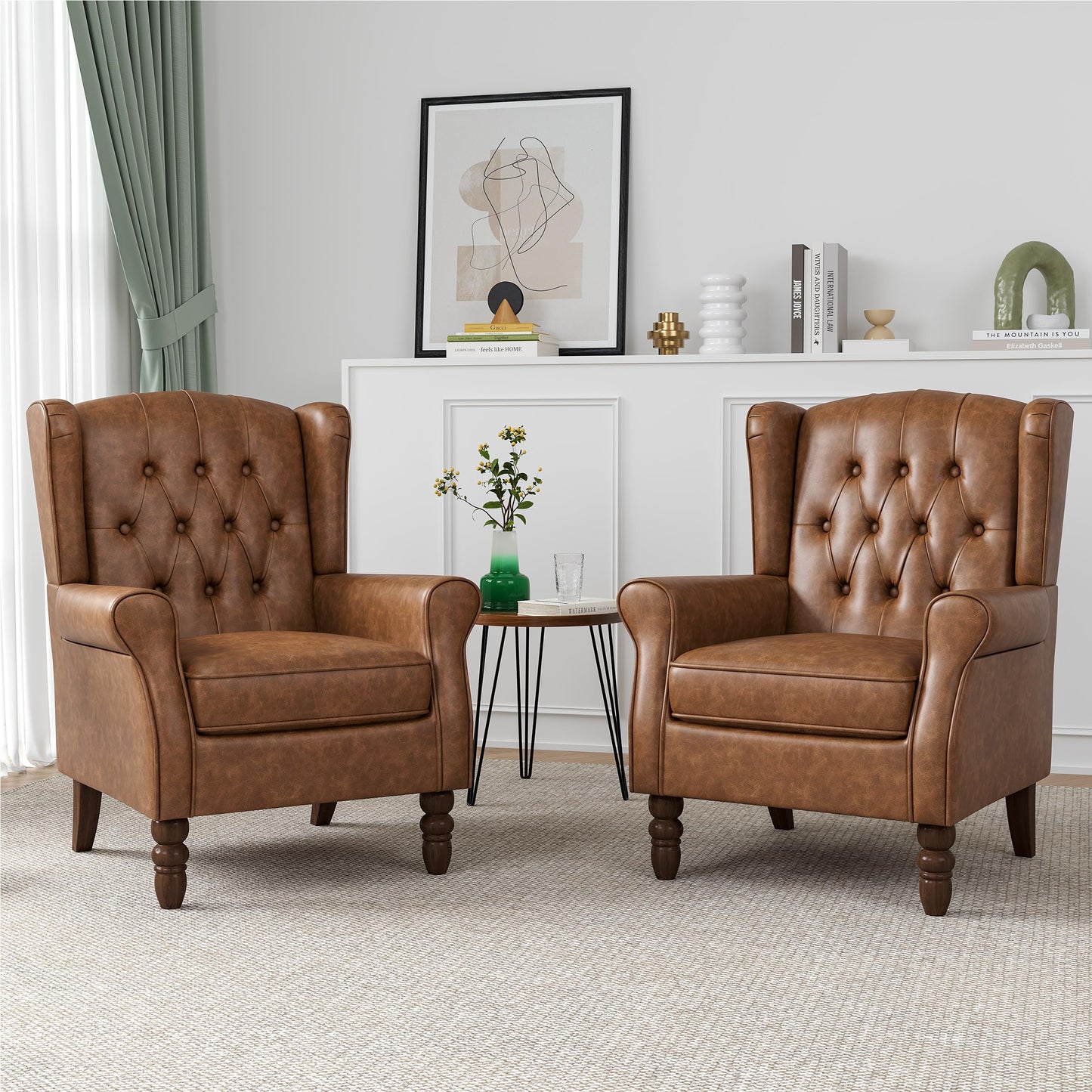 Faux Leather Wingback Chairs Set of 2, High Back Accent Chair for Living Room, Button-Tufted Upholstered Armchair with Solid Wood Legs, Comfy Reading Chair for Bedroom, Brown