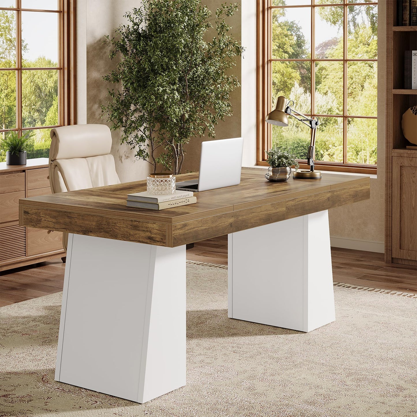 Tribesigns 55" Executive Desk, Wooden Office Desk with Double Pedestal, Modern Simple Computer Writing Table for Home Office, Light Brown