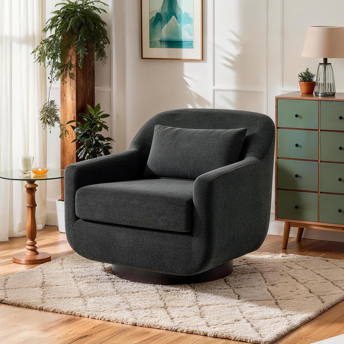 Swivel Accent Chair, 360° Swivel Upholstered Barrel Chair for Living Room, Comfy Club Armchairs Reading Chair with Curves Back Design, Metal Swivel Base, Chenille Fabric, Dark Gray