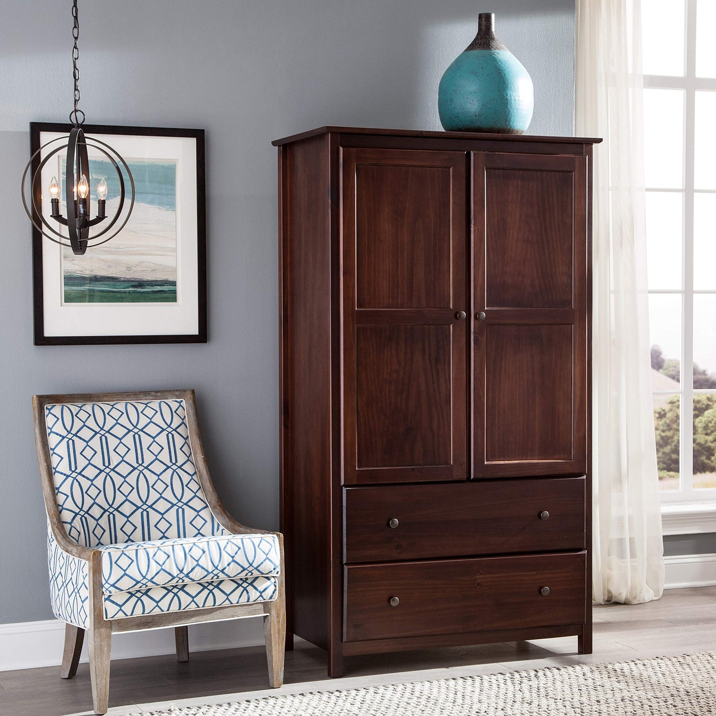 Grain Wood Furniture Shaker 2-Door Wardrobe, Solid Wood with Walnut Finish