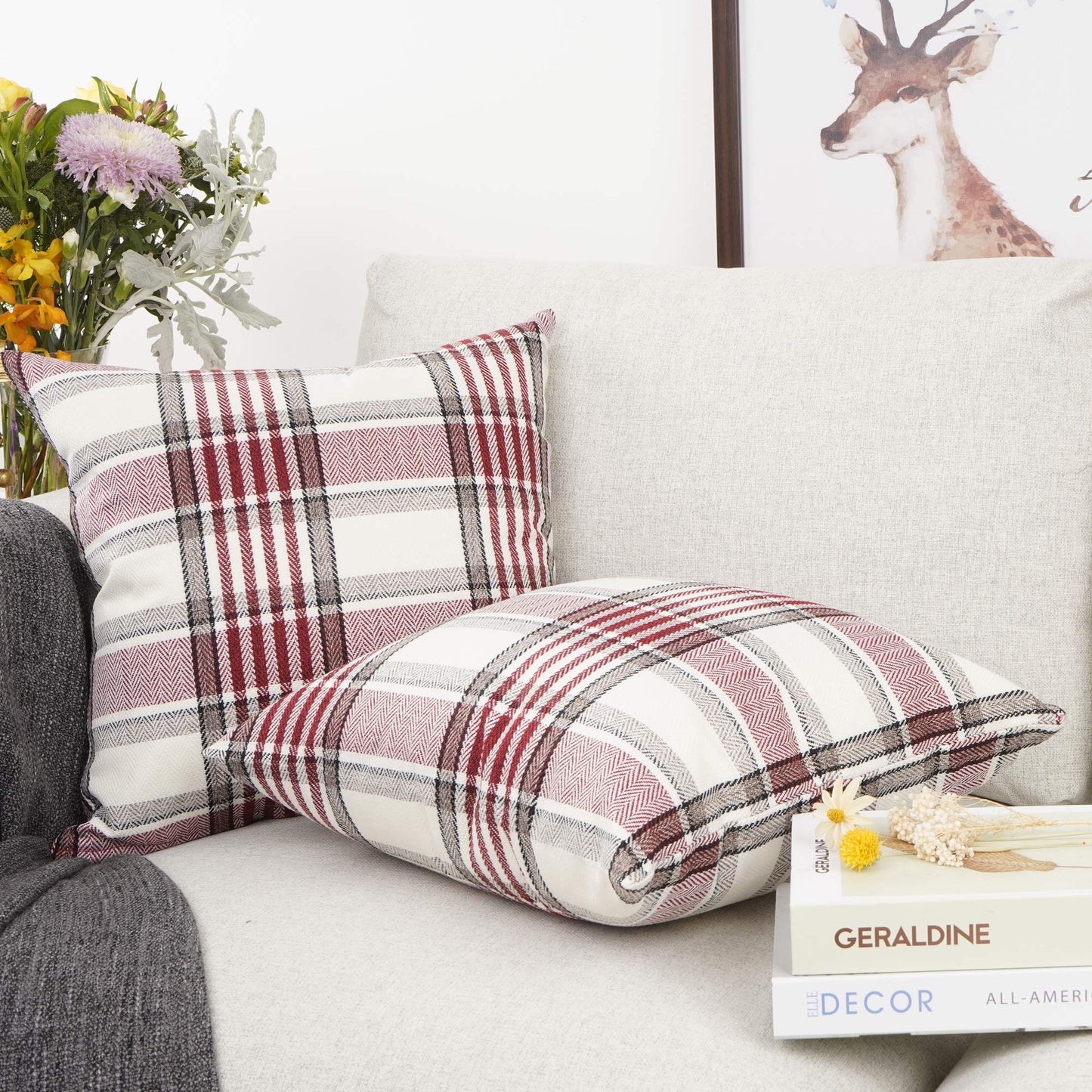 YOUR SMILE Retro Farmhouse Outdoor Buffalo Tartan Chequer Plaid Cotton Linen Decorative Throw Pillow Case Cushion Cover Pillowcase for Sofa 18 x 18 Inch, Set of 2, Khaki/Stripe