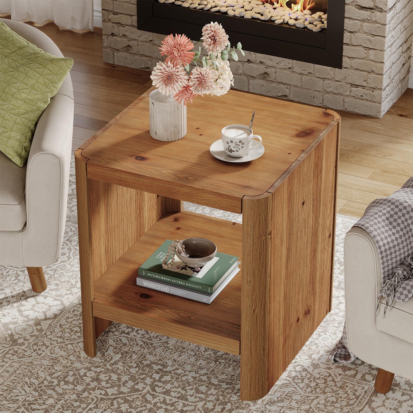 Solid Wood End Table, 2-Tier Small Side Table with Open Storage Shelf, Rustic Nightstand for Living Room, Bedroom, or Small Spaces, Easy Assembly (2, Natural Wood)