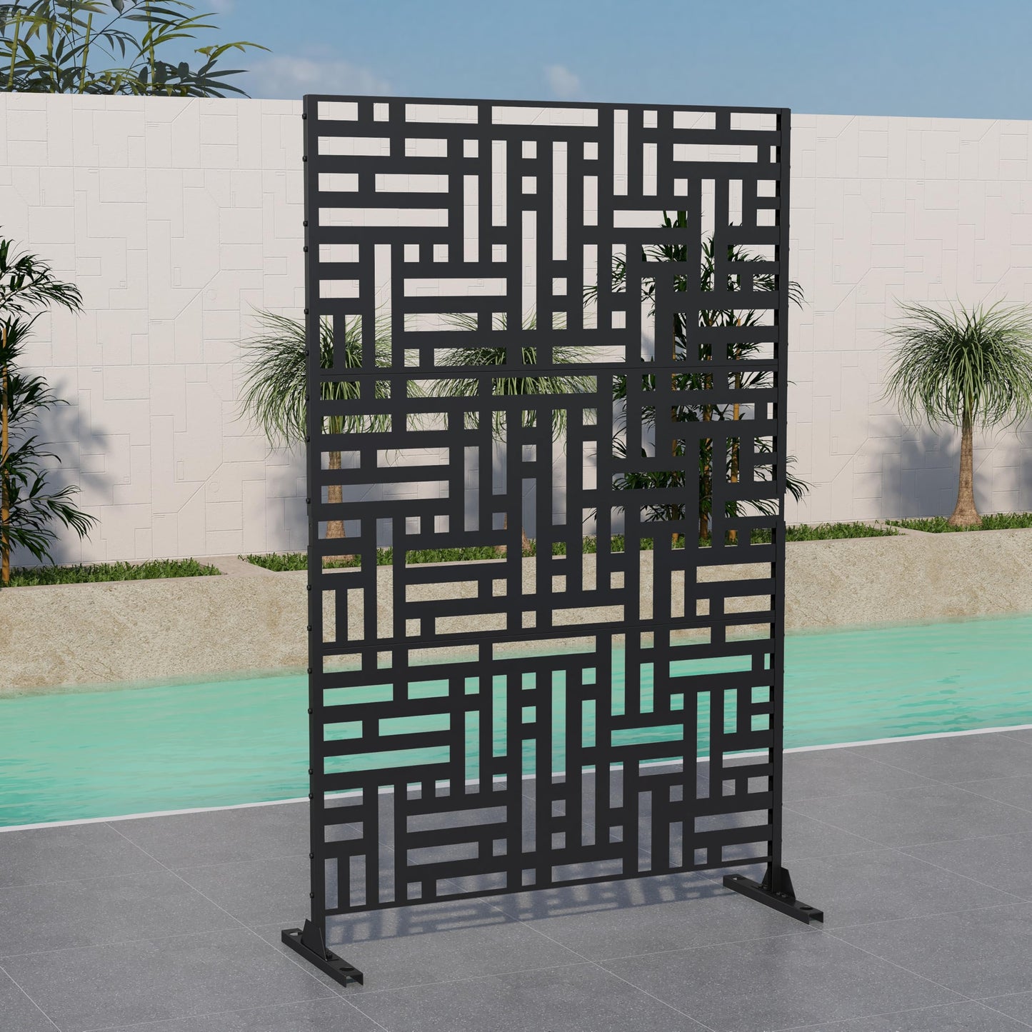 Outdoor Metal Privacy Screen with Stand, 72" H x 47" W Freestanding Outdoor Patio Divider, Decorative Patio Privacy Fence Panel for Garden Backyard Balcony Porch (Brown-Crossbanding)