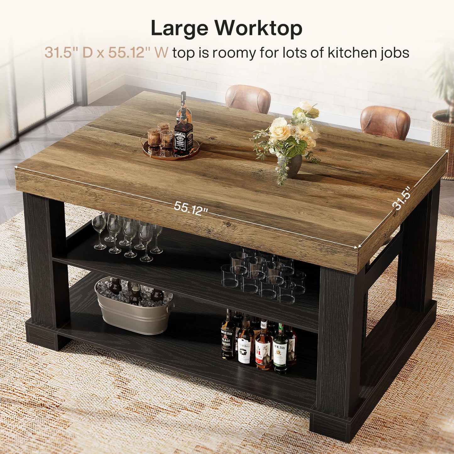 Tribesigns 55" Kitchen Island with Seating and Storage, 3-Tier Farmhouse Wood Stationary Island Table with Large Worktop & Leg Room, Coffee Bar Table with Storage Shelves for Kitchen, White and Brown
