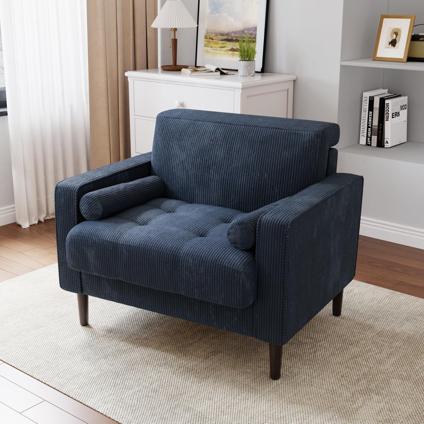 34.5" Arm Chair, Corduroy Fabric Modern Accent Chair, Comfy Upholstered Armchair Reading Chair with Solid Wood Legs for Living Room Bedroom Office, Yellow