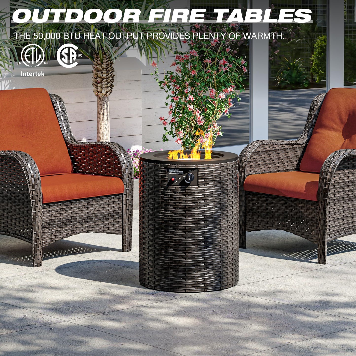Joyside Patio Furniture Set with Fire Pit Table, 3 Piece Outdoor Wicker Conversation Sets with High Back, Thickened Cushions, Rattan Sectional for Porch, Lawn Use (Red)