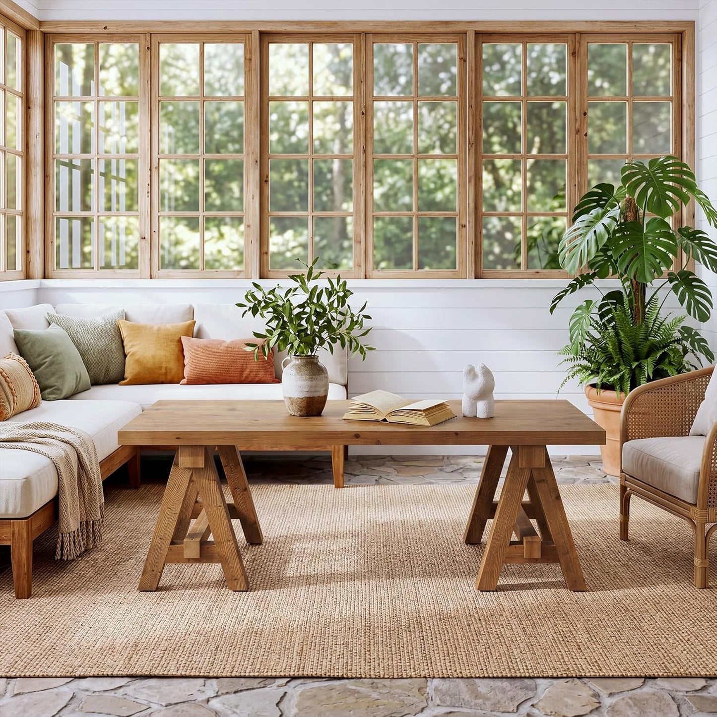 Solid Wood Coffee Table, 47" Rustic Farmhouse Center Table, Natural Wood Rectangular Coffee Tea Accent Furniture with Trestle Base & Spacious Tabletop for Living Room, Lounge, Home Office