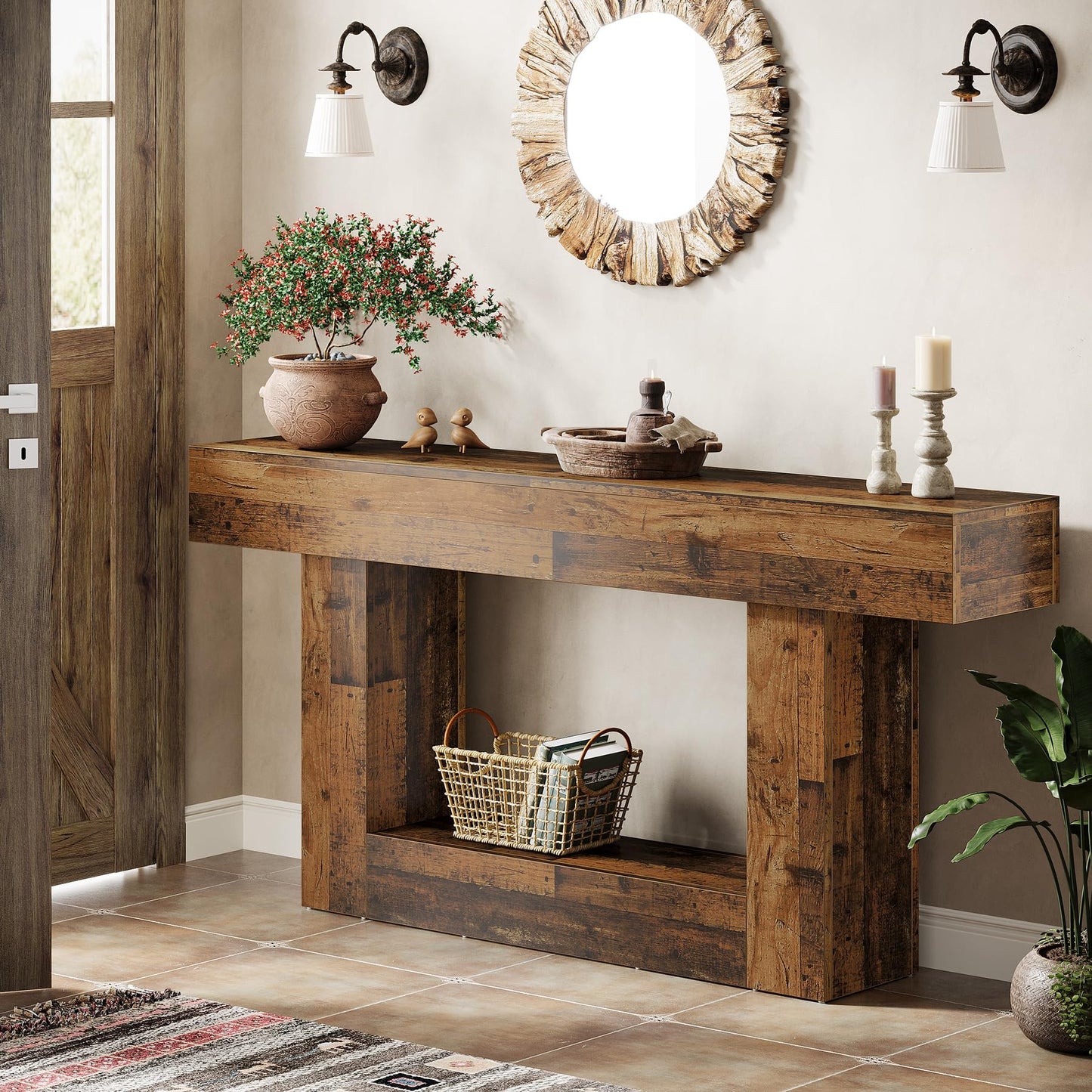 Tribesigns 63" Console Table, Farmhouse 2-Tier Entryway Table with U-Shaped Base, Narrow Long Wood Sofa Table Behind Couch Table for Living Room, Hallway, Foyer, Vintage Brown & Gray | Farmhouse