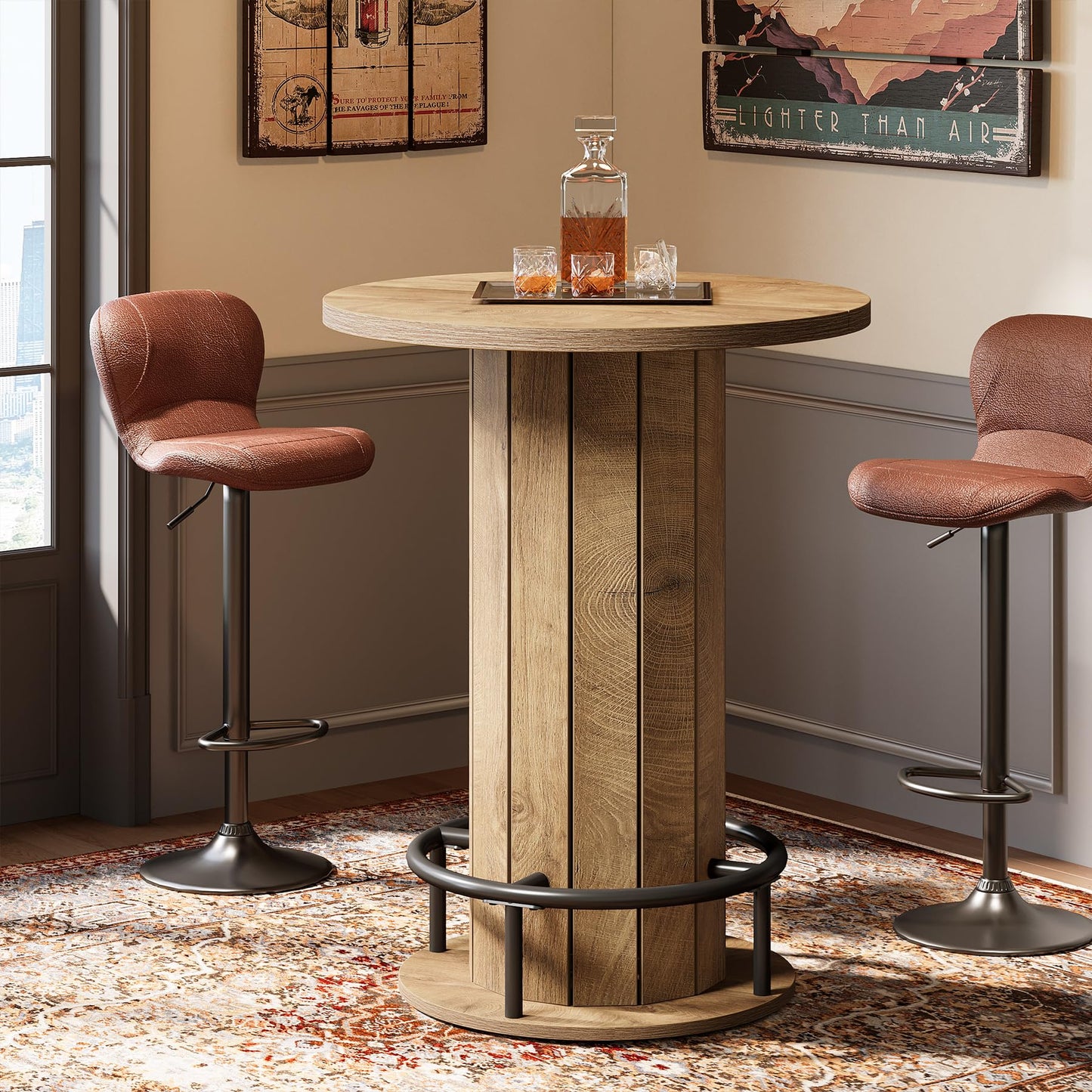 Tribesigns Round Bar Table, 39.4" H Wood Bistro Pub Table with Metal Ring Footrest for Dining Coffee Cocktail Living Room, Small Space, Black (Only Table)