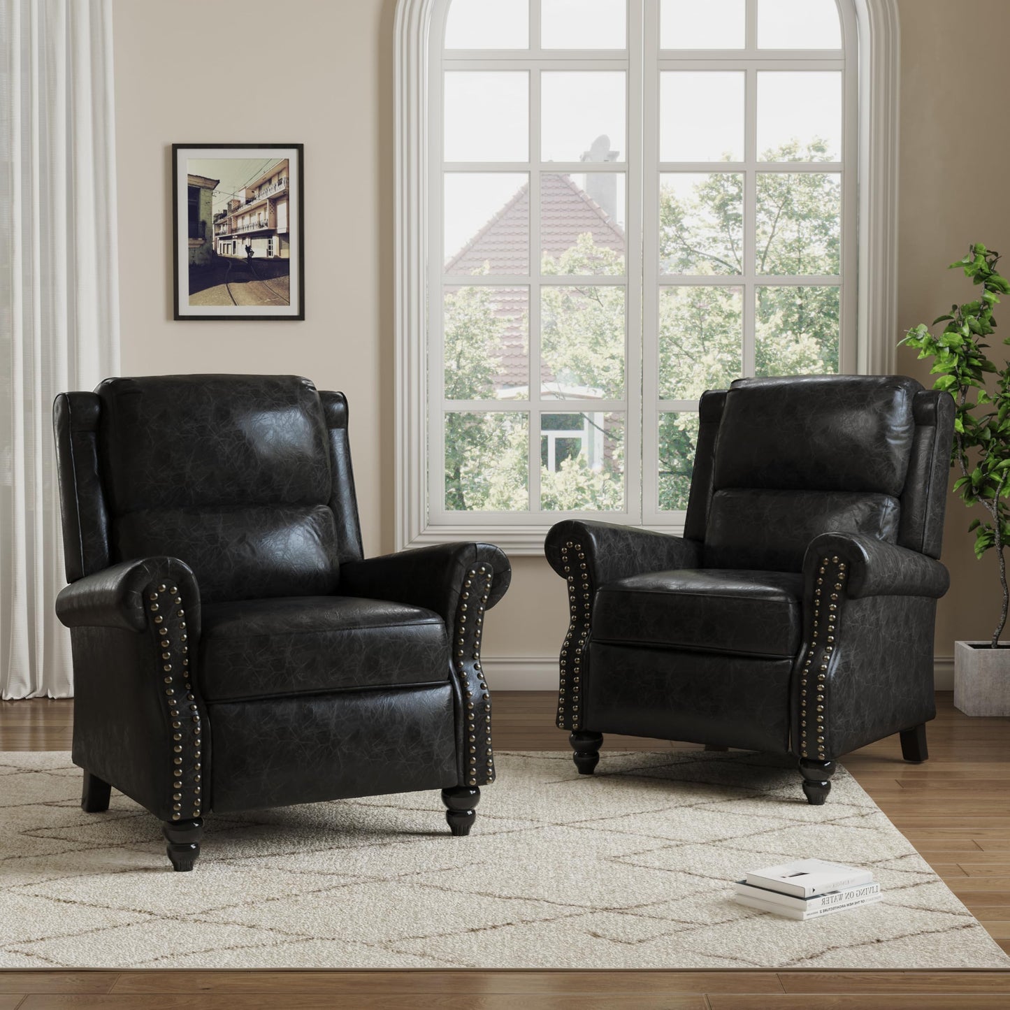 Pushback Recliner Chairs Set of 2, Comfy Fabric Wingback Recliner Chair, Upholstered Armchair Push Back Recliner with Wood Legs, Rivet Trim Accent Chair for Living Room, Bedroom, Blue Stripe