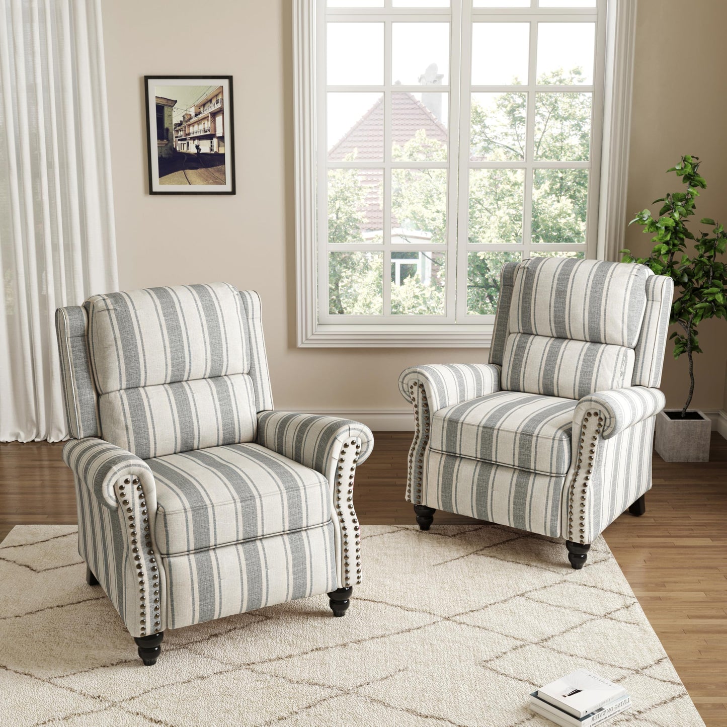 Pushback Recliner Chairs Set of 2, Comfy Fabric Wingback Recliner Chair, Upholstered Armchair Push Back Recliner with Wood Legs, Rivet Trim Accent Chair for Living Room, Bedroom, Blue Stripe