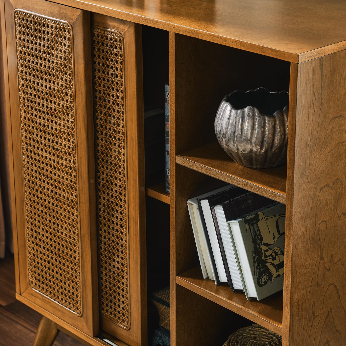 LKTART Mid Century Modern Storage Cabinet with Rattan Sliding Doors and Open Shelves, Boho Style Wooden Sideboard Buffet for Living Room,Dark Walnut