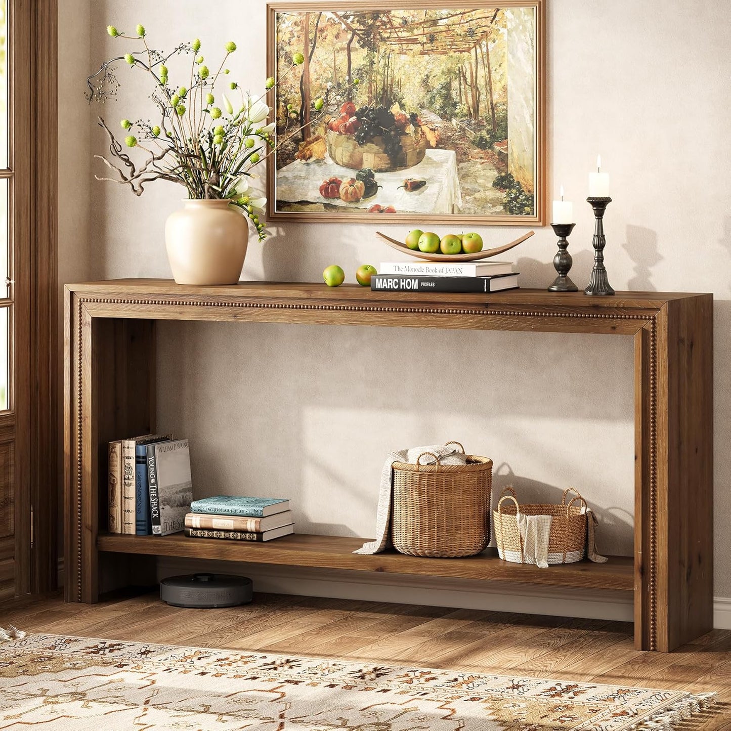 63" Solid Wood Console Table, Farmhouse Narrow Long Entryway Table with 2-Tier Storage Shelf for Living Room, Hallway, Entryway, Easy Assembly, Brown