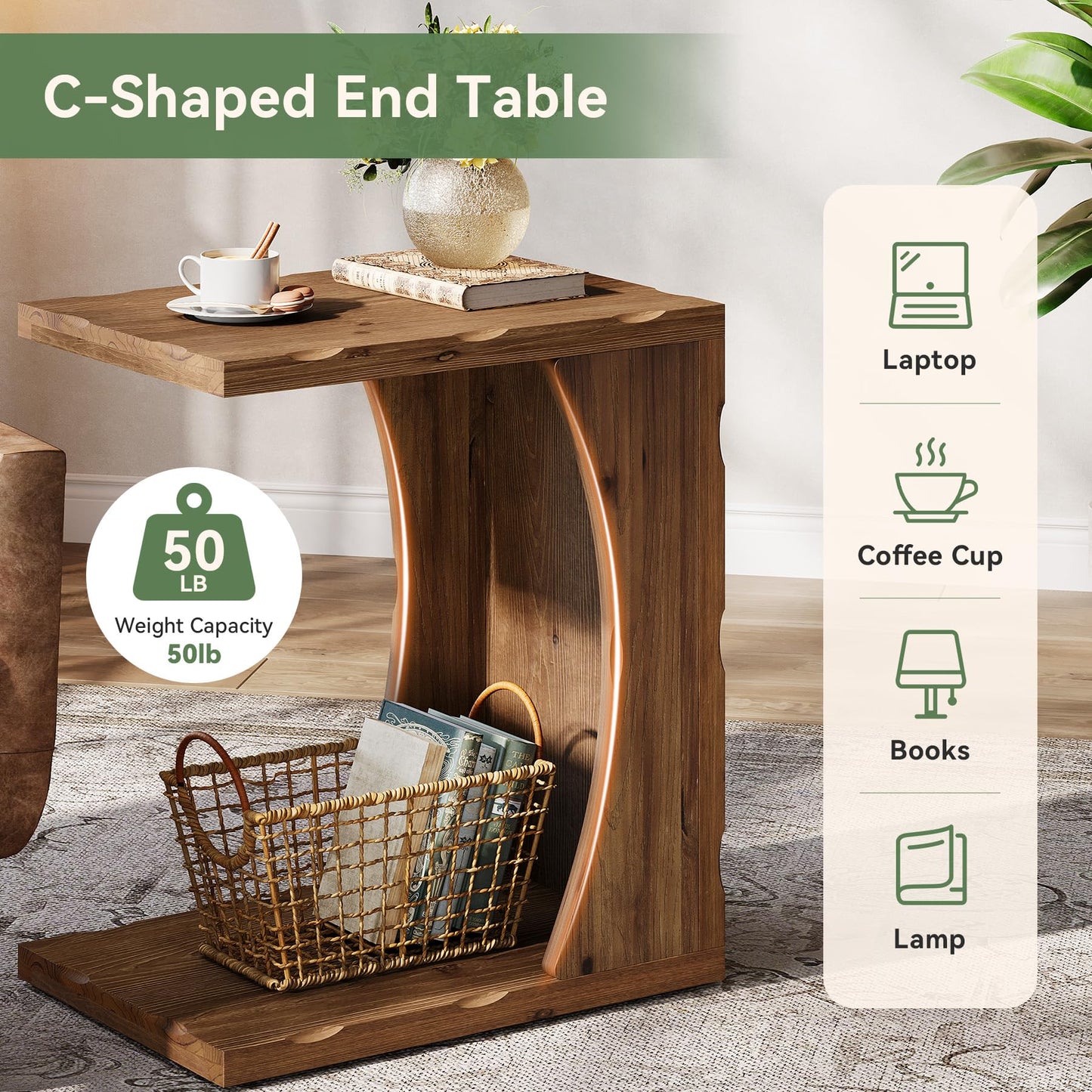 C-Shaped End Table for Living Room, Solid Wood Narrow Skinny Side Table for Couch, Farmhouse Bedside Nightstand with Storage Shelf for Bedroom, Small Place, Easy Assembly, Rustic Brown,1PCS