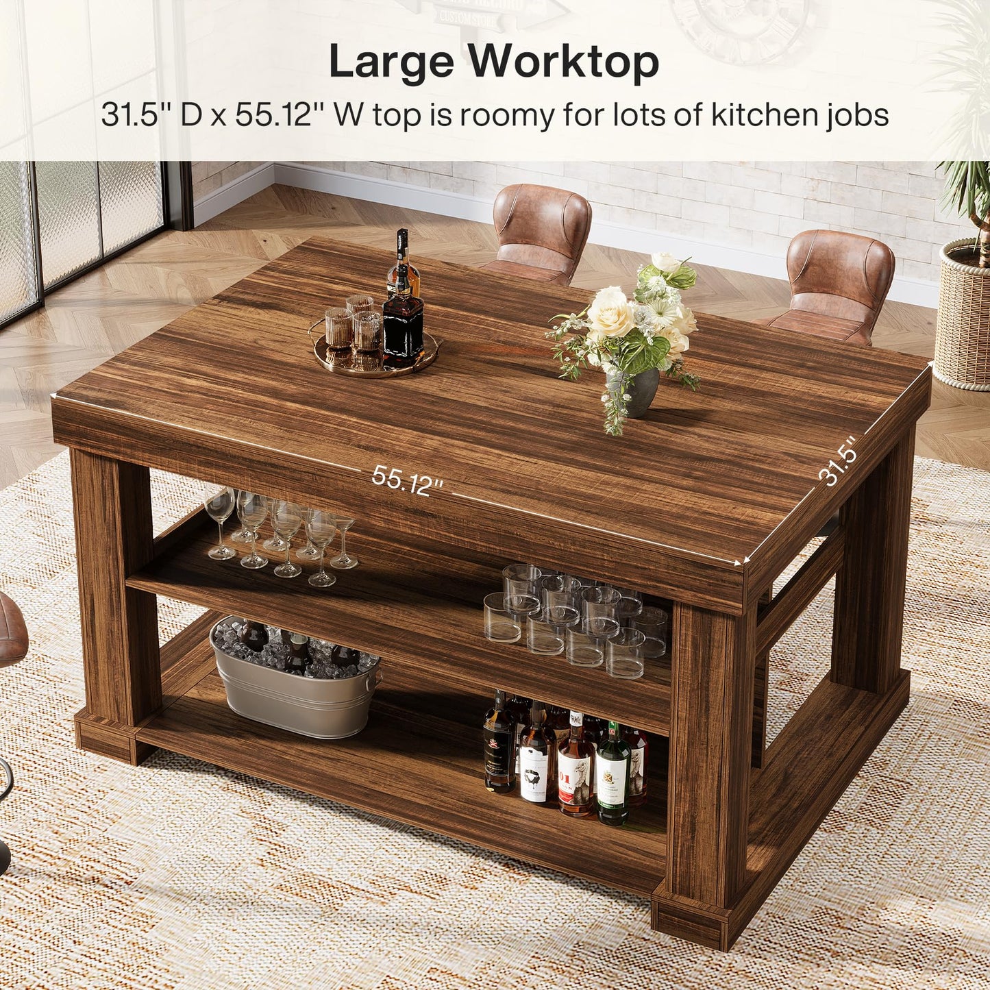 Tribesigns 55" Kitchen Island with Seating and Storage, 3-Tier Farmhouse Wood Stationary Island Table with Large Worktop & Leg Room, Coffee Bar Table with Storage Shelves for Kitchen, White and Brown