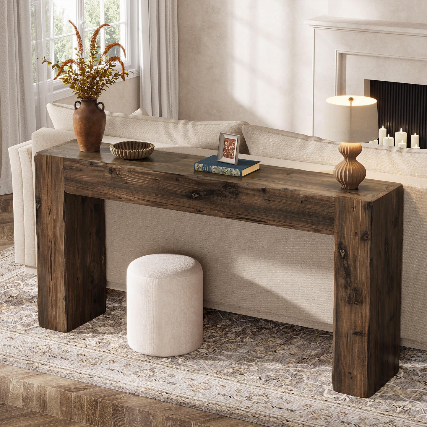 Solid Wood Console Table, 63-Inch Farmhouse Sofa Table Behind Couch for Entryway, Living Room, Foyer, Easy Assembly (Light Wood)
