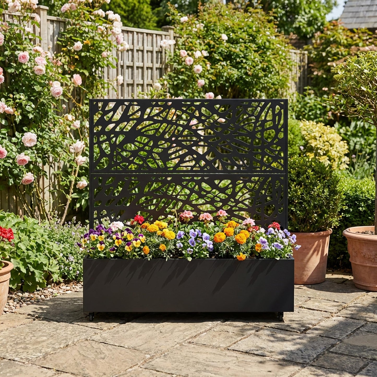 Metal Raised Garden Bed with Trellis and Wheels, 71"x47"x16" Planter Box with Privacy Screen & Drainage Holes, Arched Outdoor Garden Bed for Climbing Plants, Vegetables, Flowers (Black-Square)
