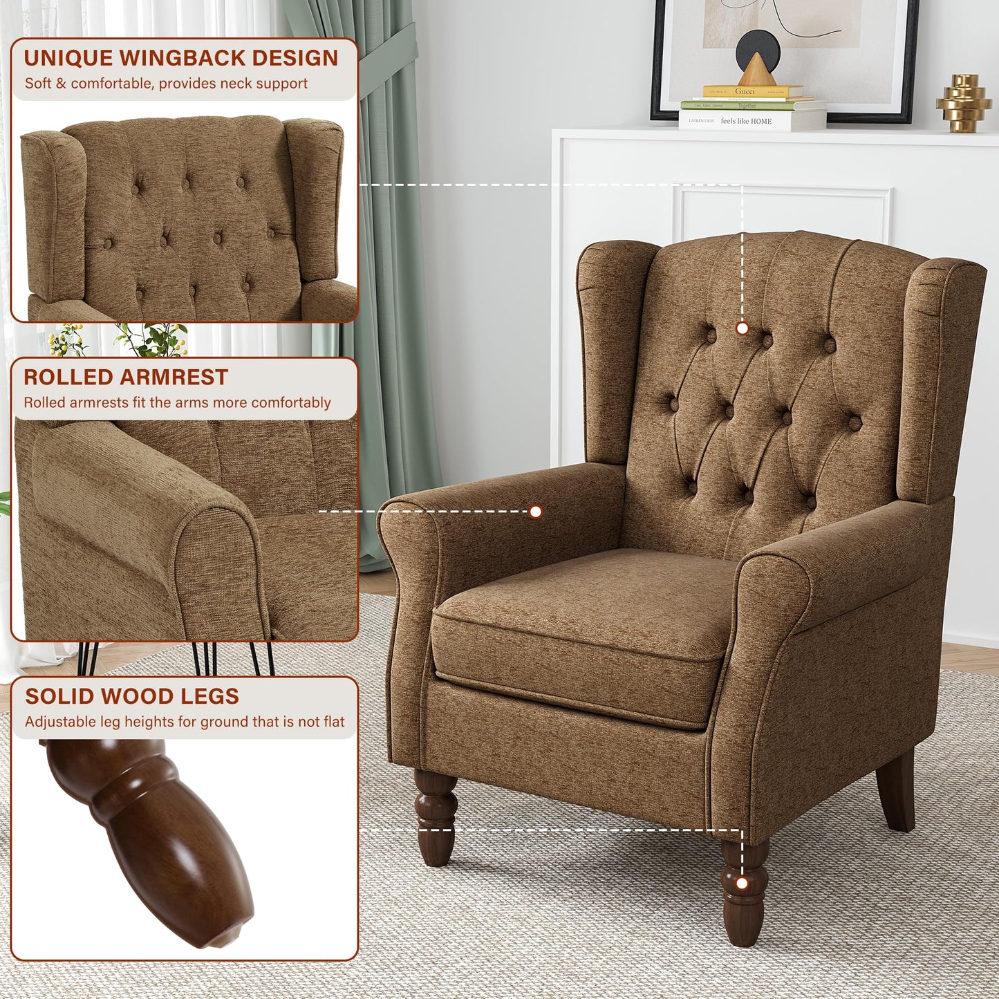 Faux Leather Wingback Chairs Set of 2, High Back Accent Chair for Living Room, Button-Tufted Upholstered Armchair with Solid Wood Legs, Comfy Reading Chair for Bedroom, Brown