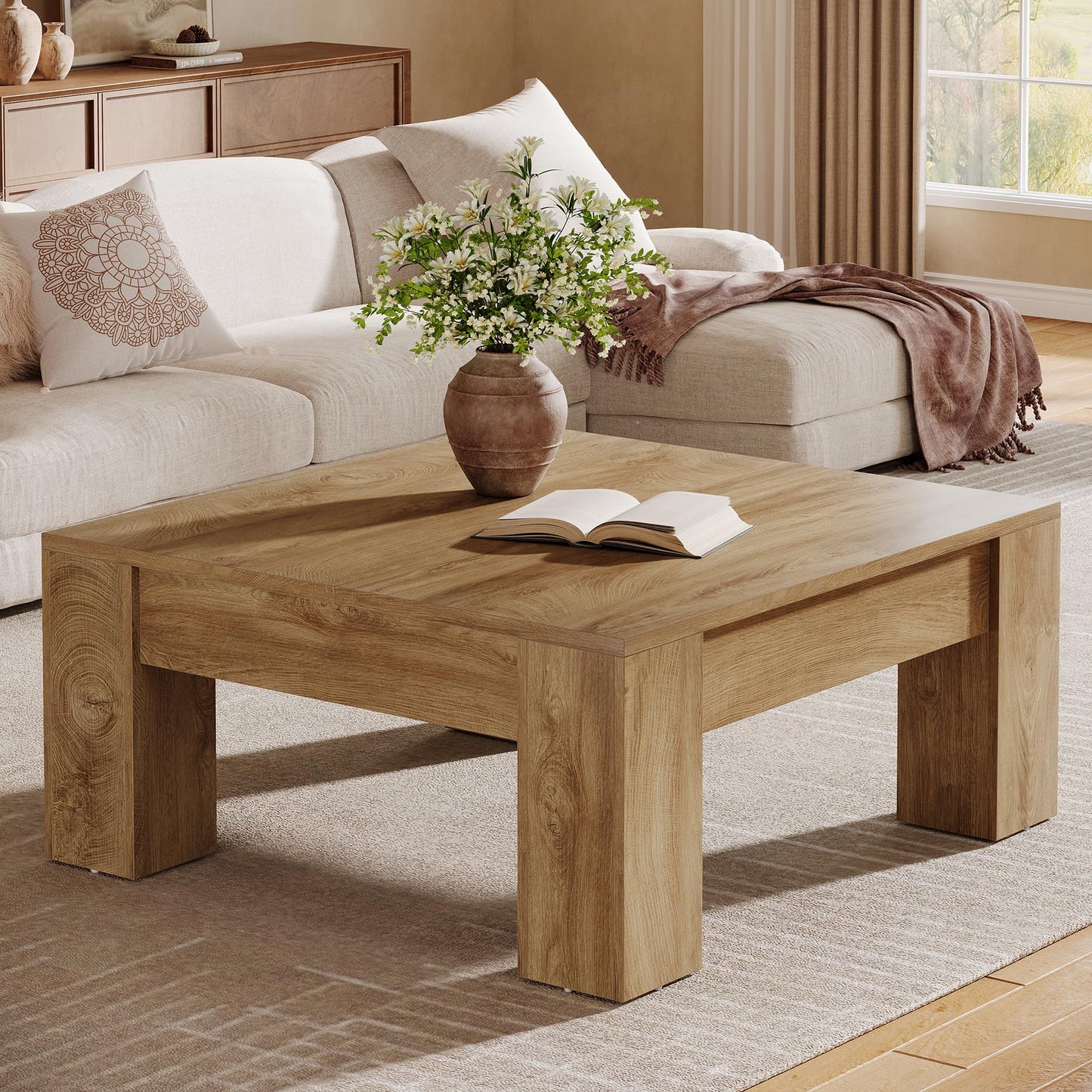 Tribesigns Square Coffee Table, 39-Inch Farmhouse Wooden Coffee Table with Sturdy Legs, Rustic Accent Center Table for Living Room, Easy Assembly, Light Brown