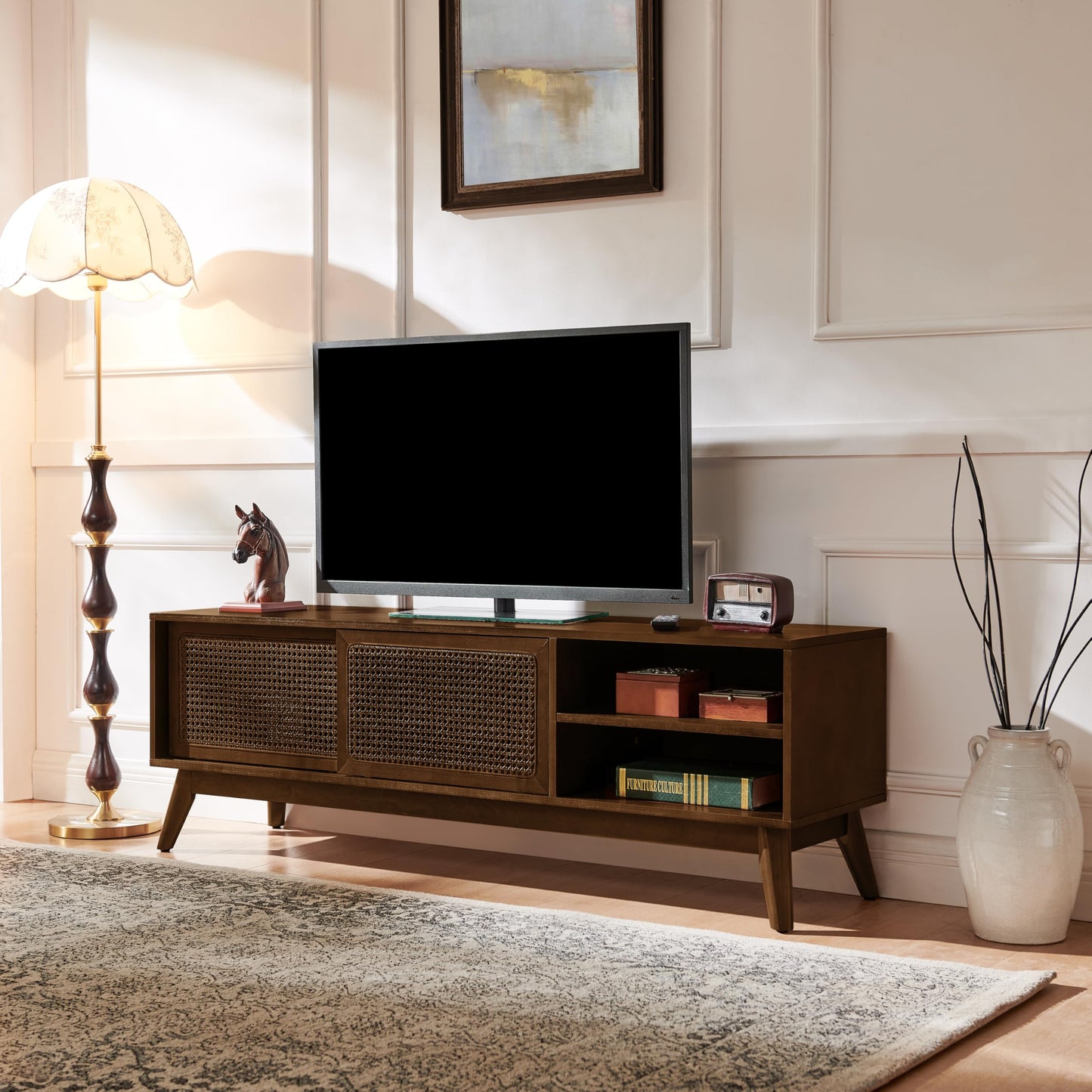 LKTART Mid Century Modern Rattan TV Stand for 65 Inch TV,59" Boho Media Console with Sliding Doors & Open Shelves,Solid Wood Legs for Living Room,Light Walnut