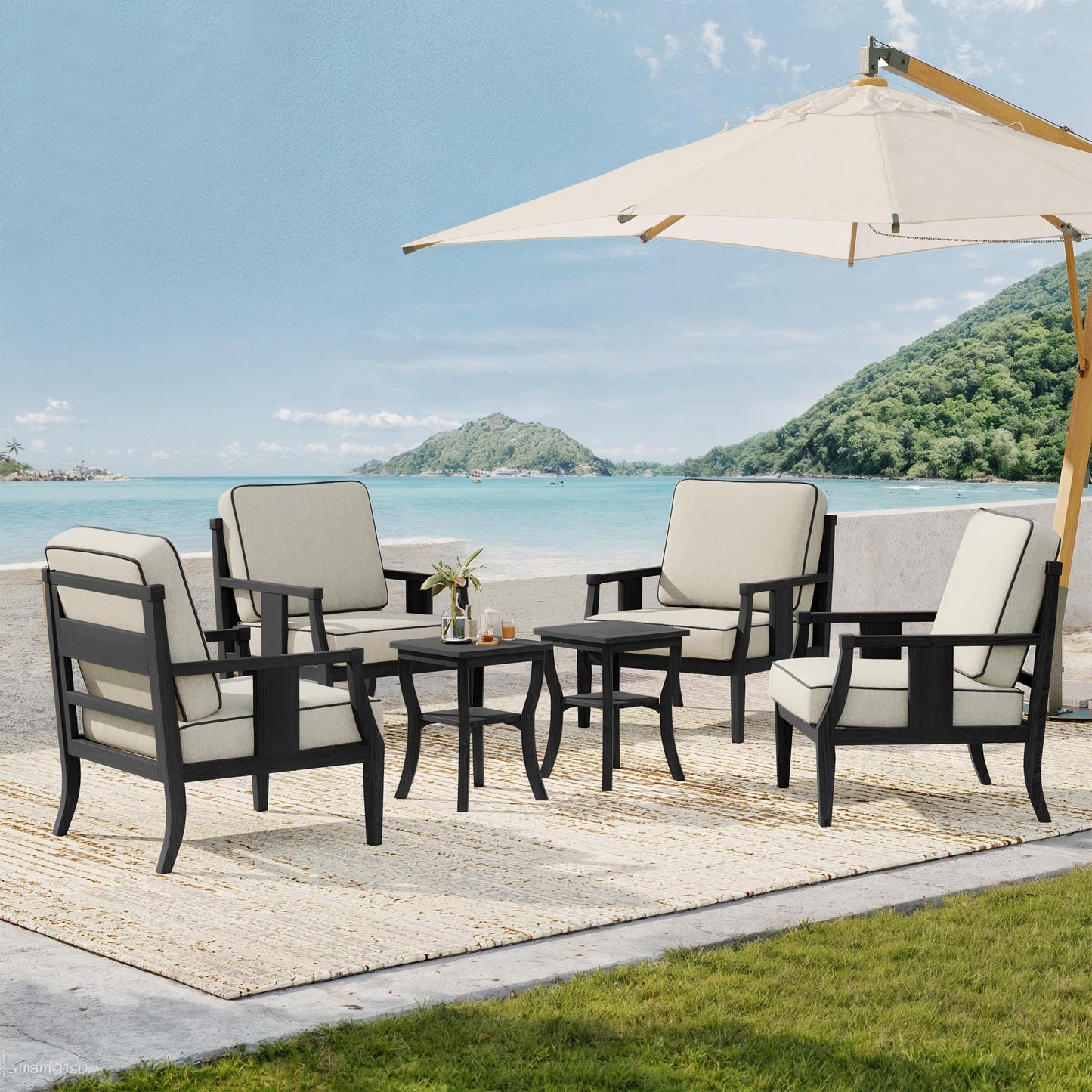 Outdoor Patio Armchairs Set of 2, All-Weather Solid Wood Patio Furniture Sets, Outdoor Sofa Chairs with Washable Thick Cushions for Porch, Balcony, Deck, Black Frame & Gray Cushion