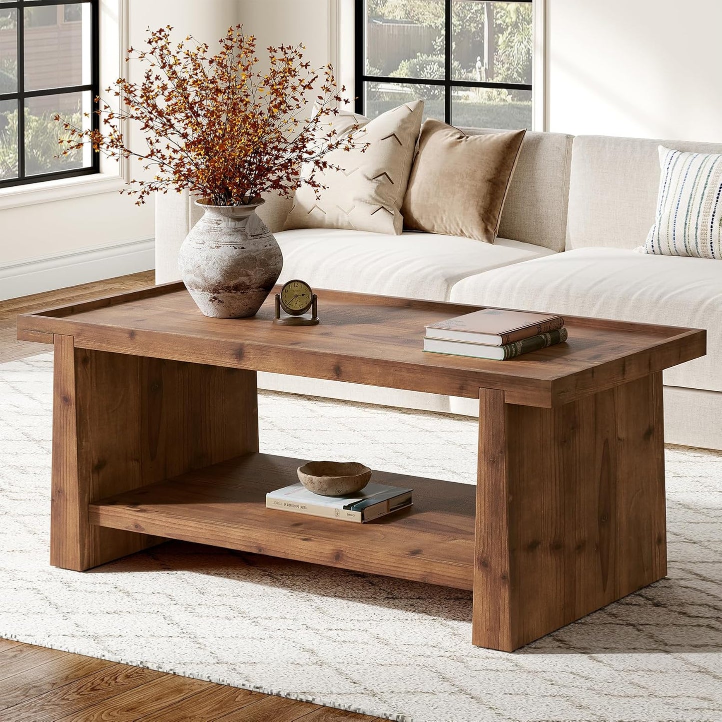 47" Solid Wood Coffee Table with Storage, Farmhouse Rectangular Coffee Table with 2-Tier Shelf & Raised Edge, Living Room Center Table, Rustic Brown