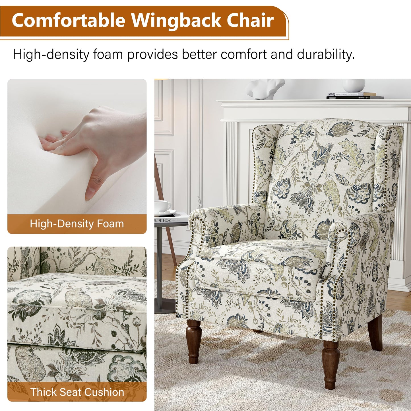 Floral Wingback Accent Chair, High Back Upholstered Armchair, Comfy Fabric Wingback Arms Chairs with Solid Wood Legs, Single Sofa Reading Chair for Bedroom Living Room, Beige