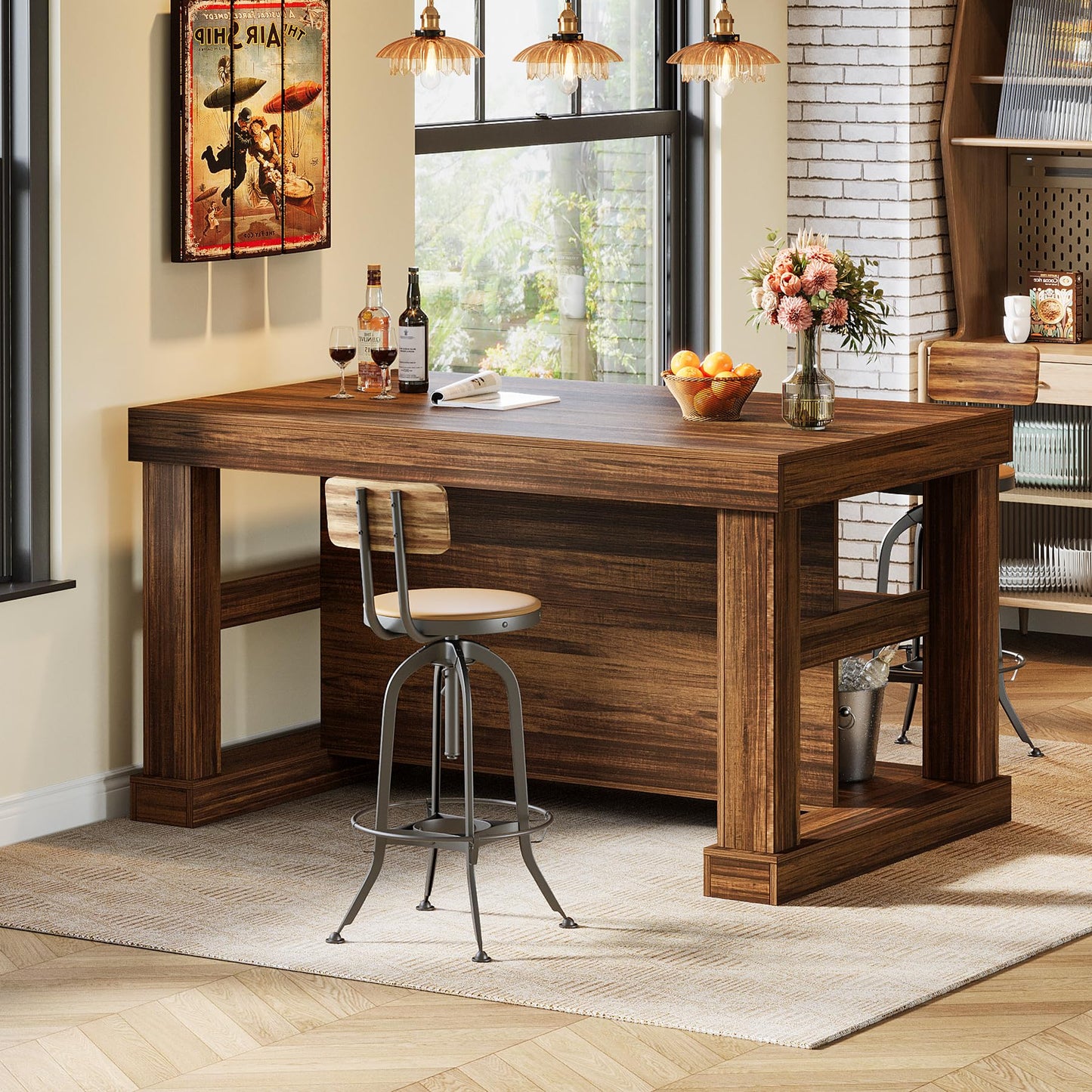 Tribesigns 55" Kitchen Island with Seating and Storage, 3-Tier Farmhouse Wood Stationary Island Table with Large Worktop & Leg Room, Coffee Bar Table with Storage Shelves for Kitchen, White and Brown